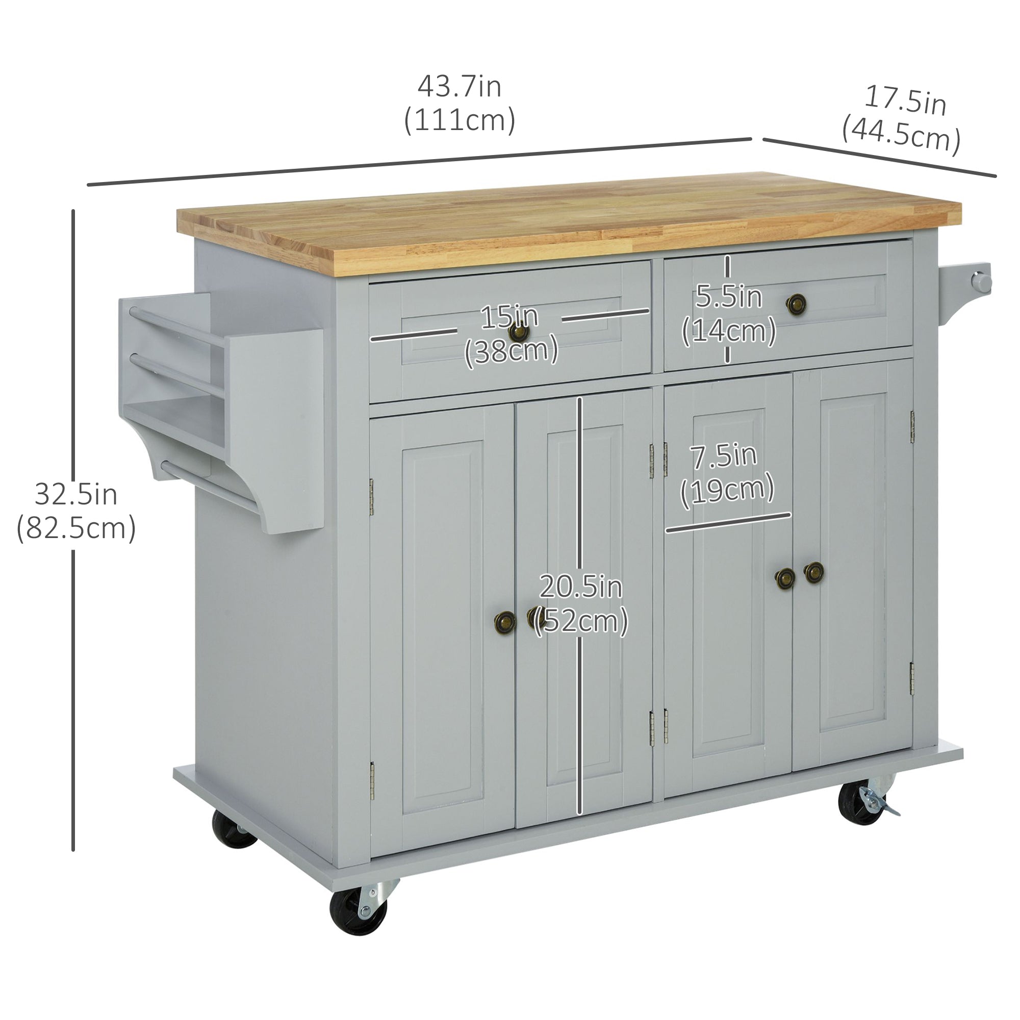 HOMCOM Kitchen Island on Wheels with Storage, Rolling Cart with Rubber wood Top, Spice Rack, Towel Rack and Drawers, Grey