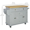 HOMCOM Kitchen Island on Wheels with Storage, Rolling Cart with Rubber wood Top, Spice Rack, Towel Rack and Drawers, Grey