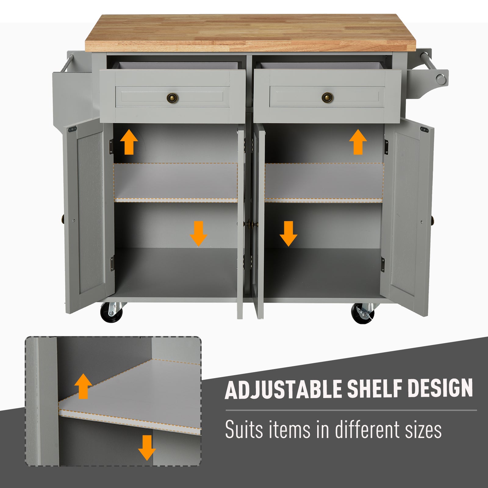 HOMCOM Rolling Kitchen Island Storage Trolley with Rubber Wood Top & Drawers for Dining Room, Grey