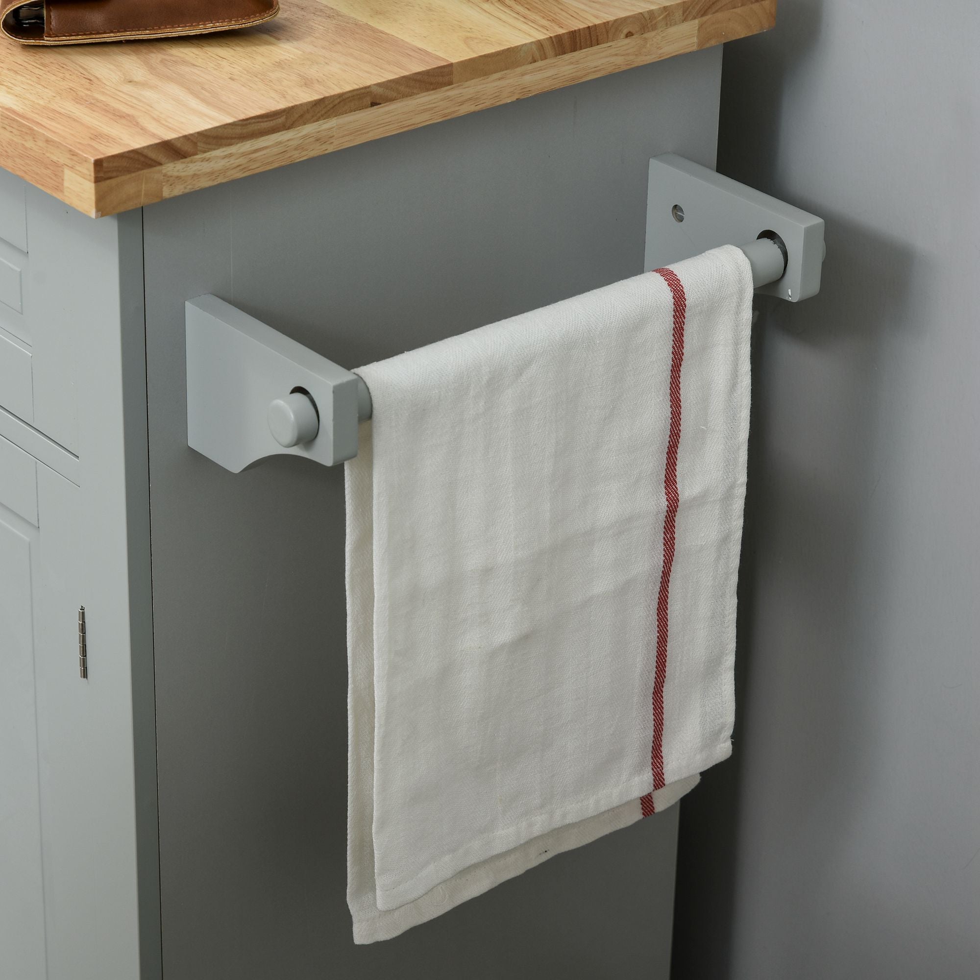 HOMCOM Kitchen Island on Wheels with Storage, Rolling Cart with Rubber wood Top, Spice Rack, Towel Rack and Drawers, Grey