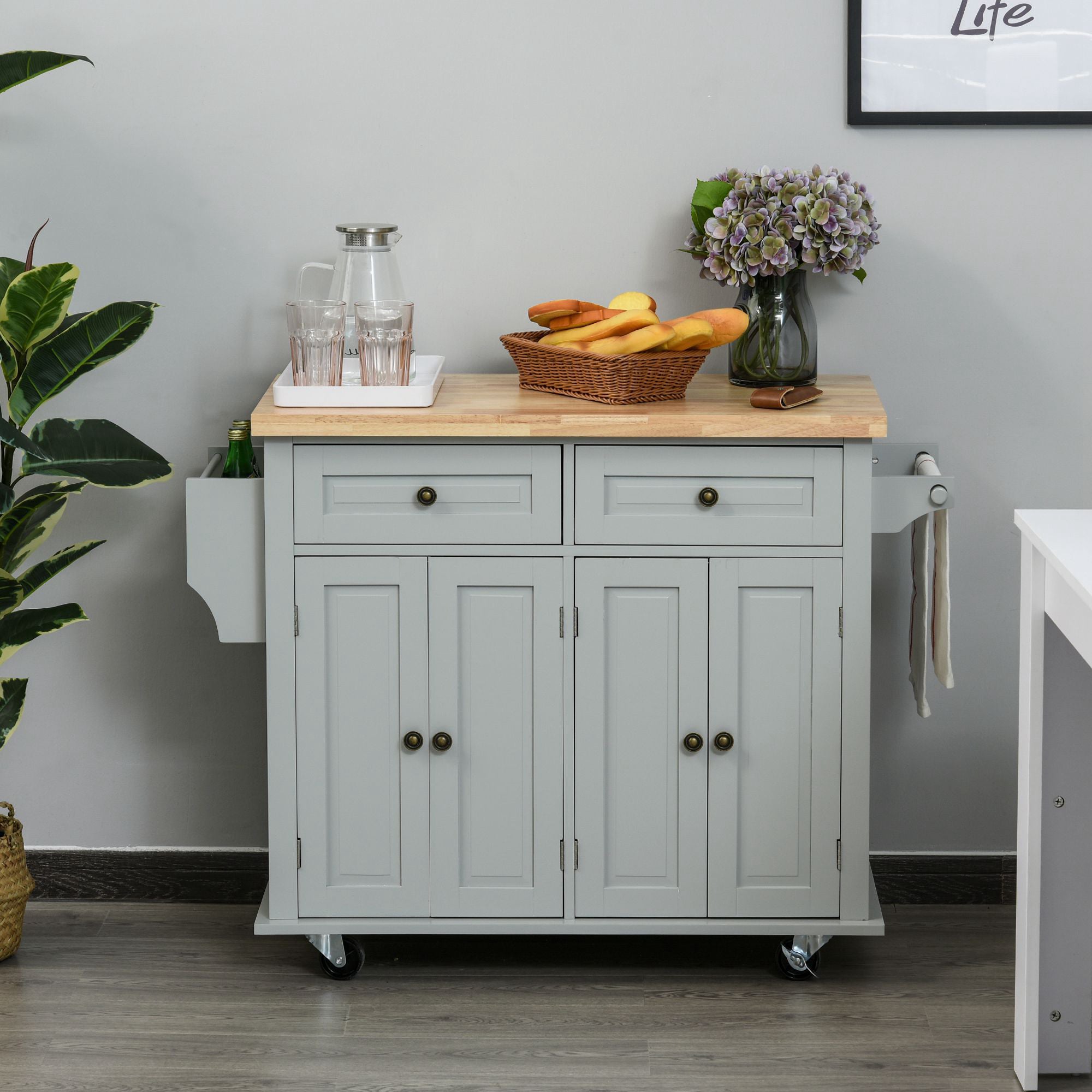 HOMCOM Rolling Kitchen Island Storage Trolley with Rubber Wood Top & Drawers for Dining Room, Grey
