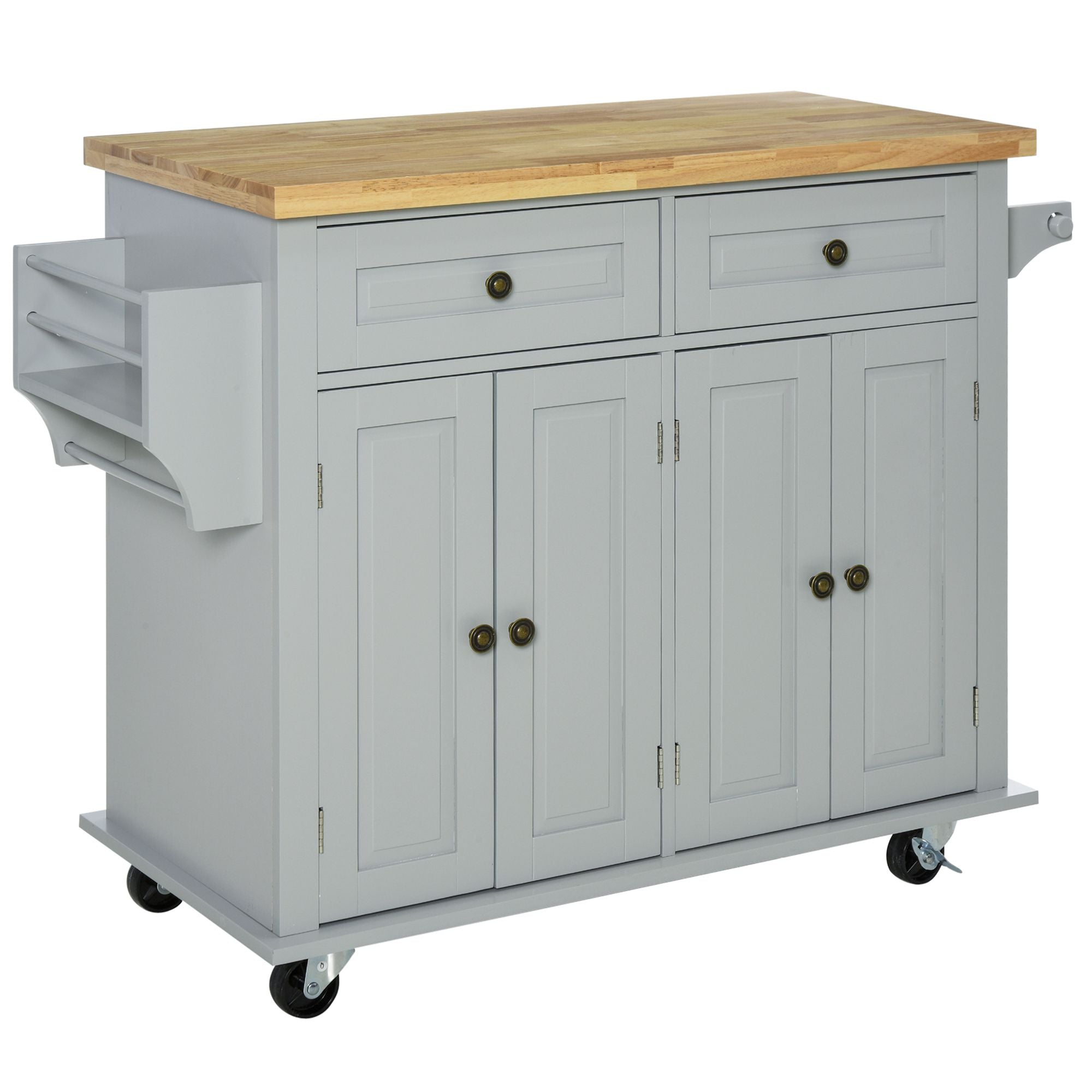 HOMCOM Kitchen Island on Wheels with Storage, Rolling Cart with Rubber wood Top, Spice Rack, Towel Rack and Drawers, Grey