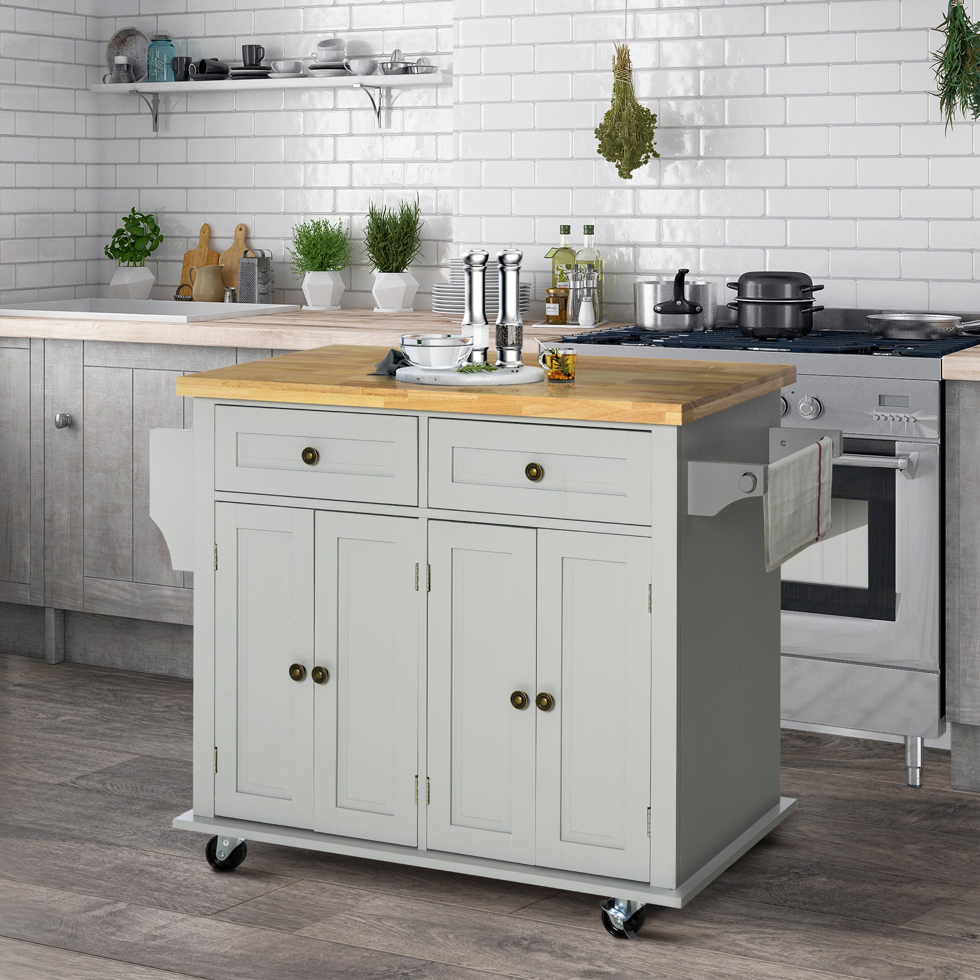 HOMCOM Kitchen Island on Wheels with Storage, Rolling Cart with Rubber wood Top, Spice Rack, Towel Rack and Drawers, Grey