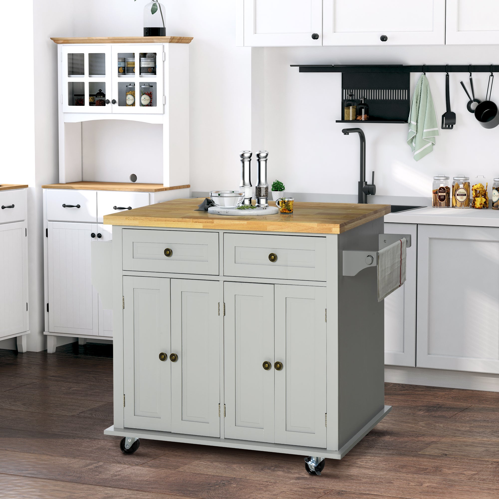 HOMCOM Kitchen Island on Wheels with Storage, Rolling Cart with Rubber wood Top, Spice Rack, Towel Rack and Drawers, Grey