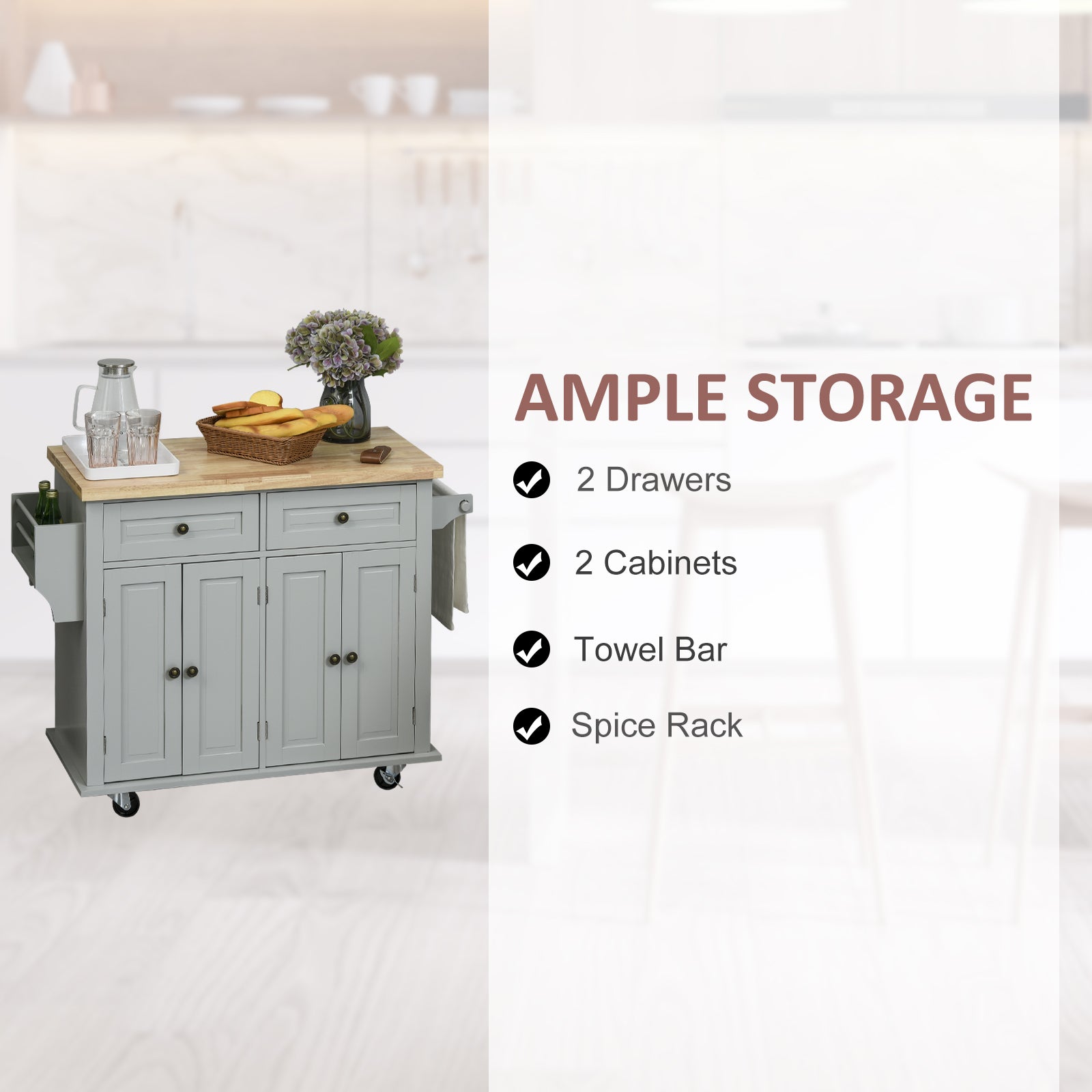 HOMCOM Rolling Kitchen Island Storage Trolley with Rubber Wood Top & Drawers for Dining Room, Grey
