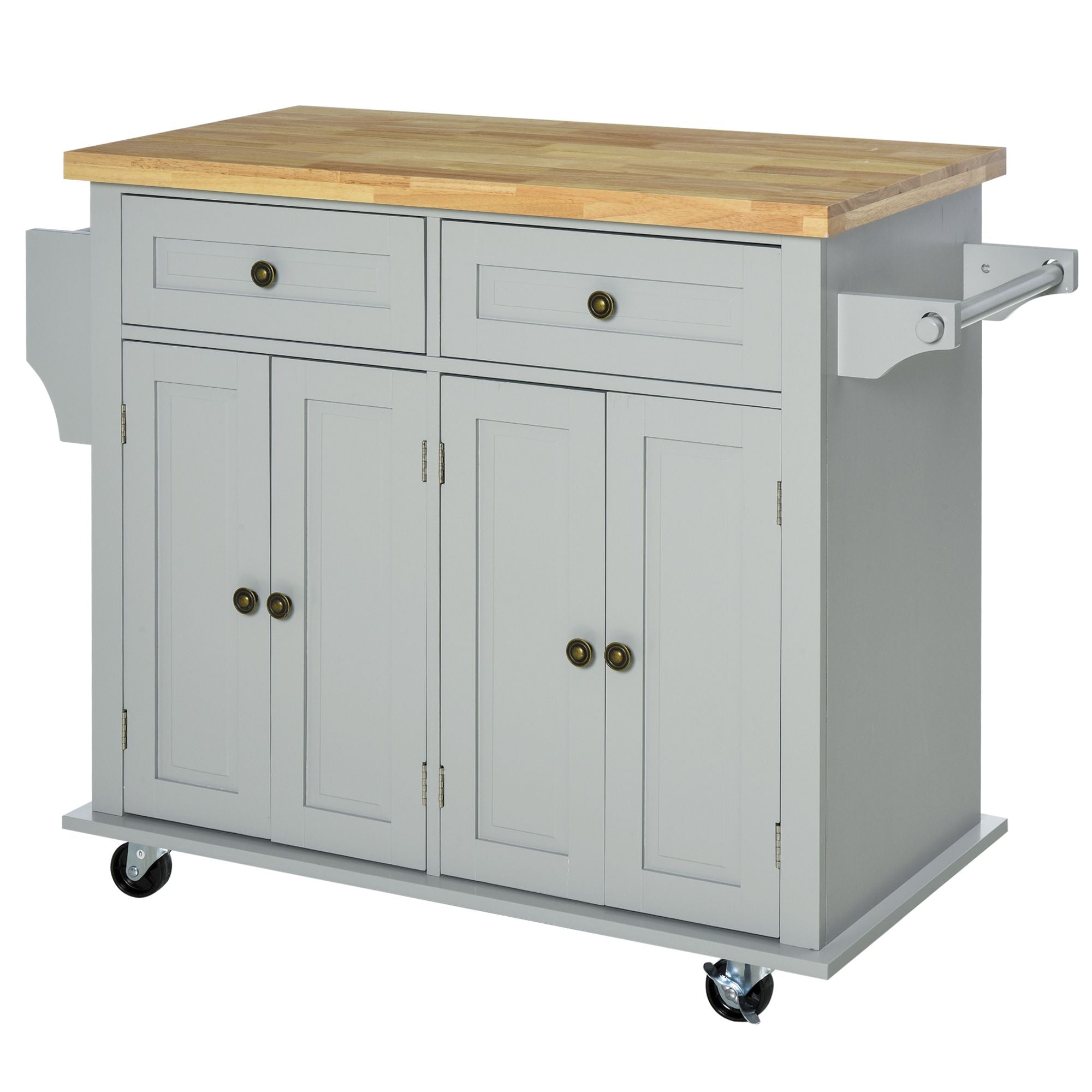 HOMCOM Kitchen Island on Wheels with Storage, Rolling Cart with Rubber wood Top, Spice Rack, Towel Rack and Drawers, Grey
