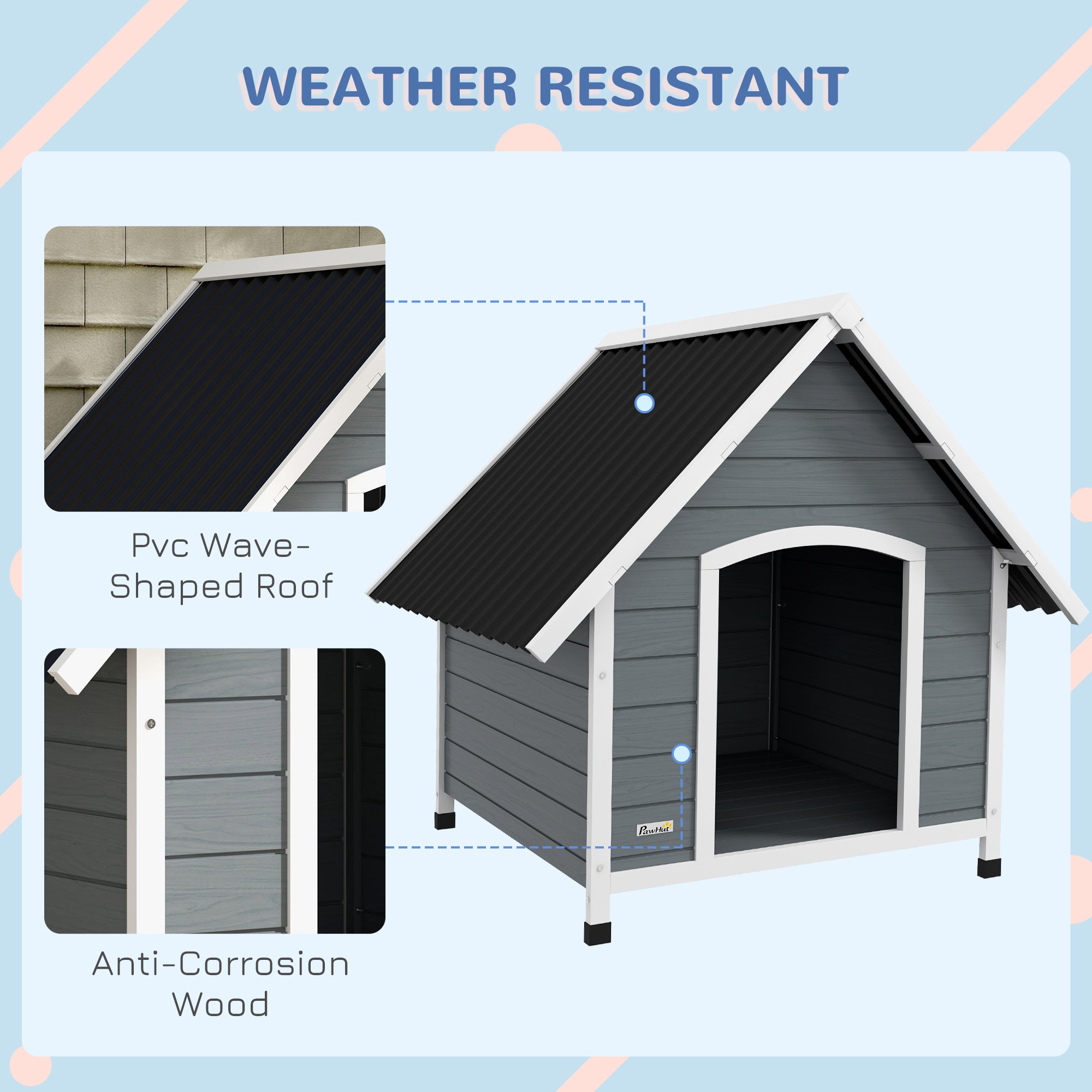 PawHut Dog Kennel Outdoor Wooden Dog House with Removable Floor, Elevated Pet Shelter, Anti-Corrosion Wood, for Large Dogs, 106.5H x 110W x 98Dcm - Grey