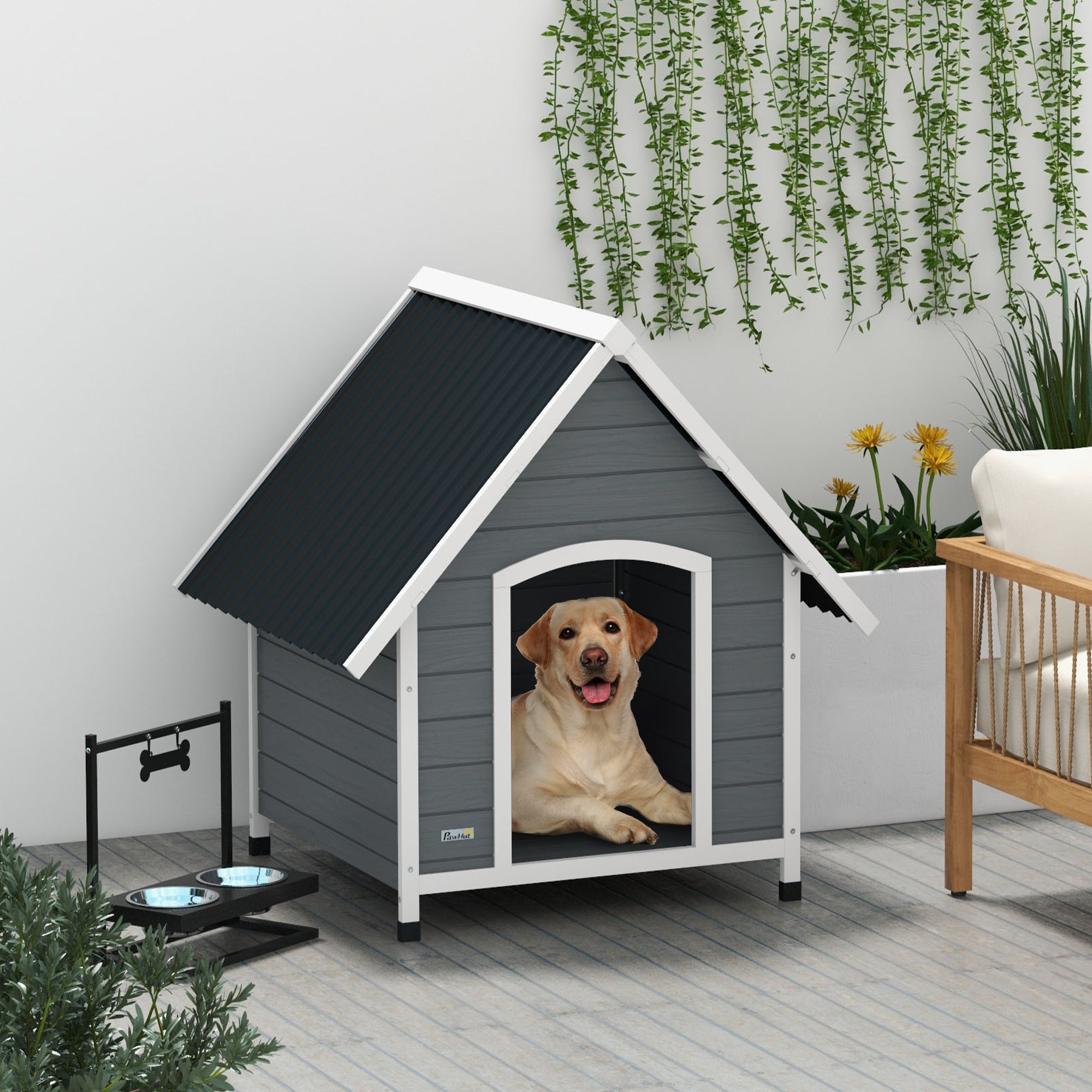 PawHut Dog Kennel Outdoor Wooden Dog House with Removable Floor, Elevated Pet Shelter, Anti-Corrosion Wood, for Large Dogs, 106.5H x 110W x 98Dcm - Grey