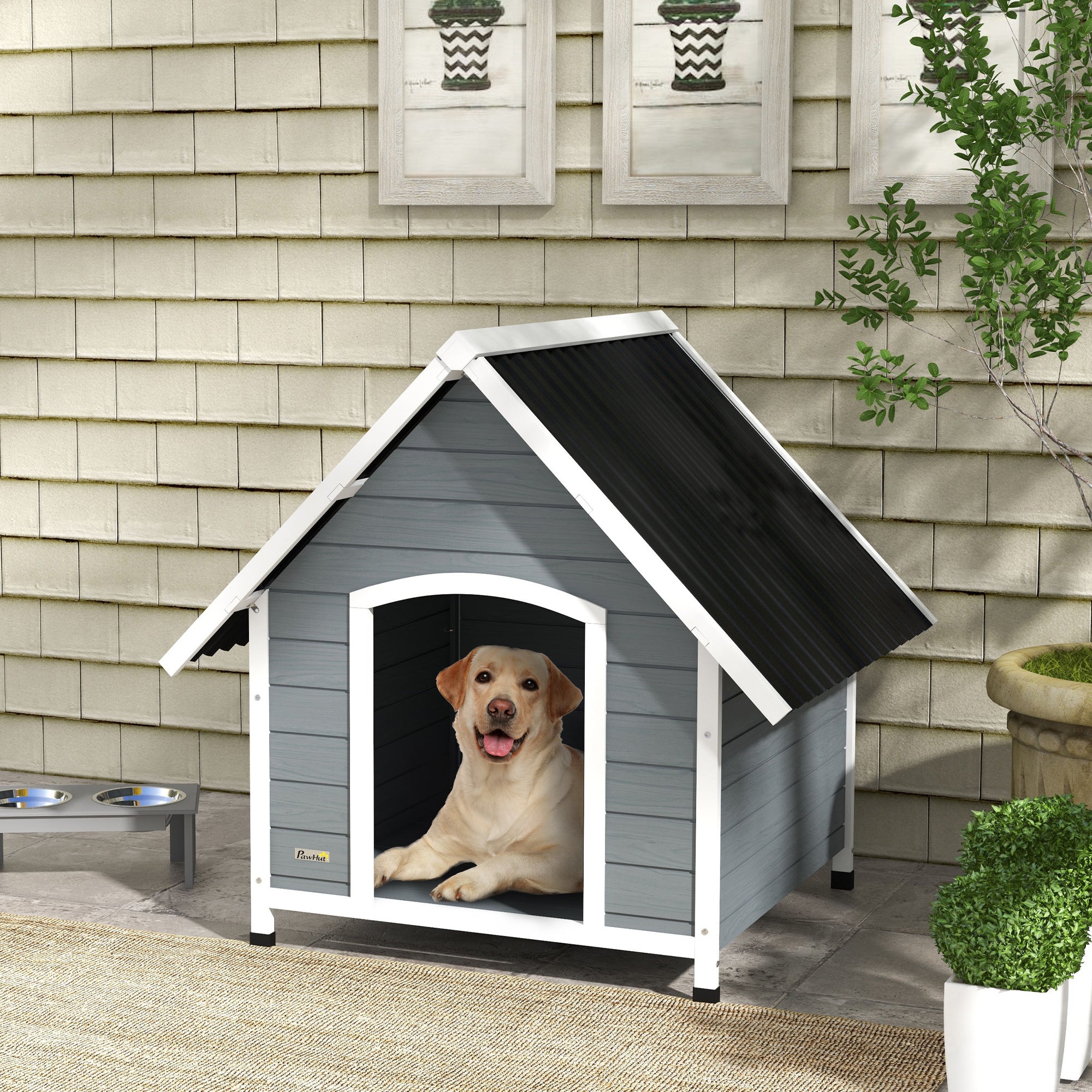 PawHut Dog Kennel Outdoor Wooden Dog House with Removable Floor, Elevated Pet Shelter, Anti-Corrosion Wood, for Large Dogs, 106.5H x 110W x 98Dcm - Grey