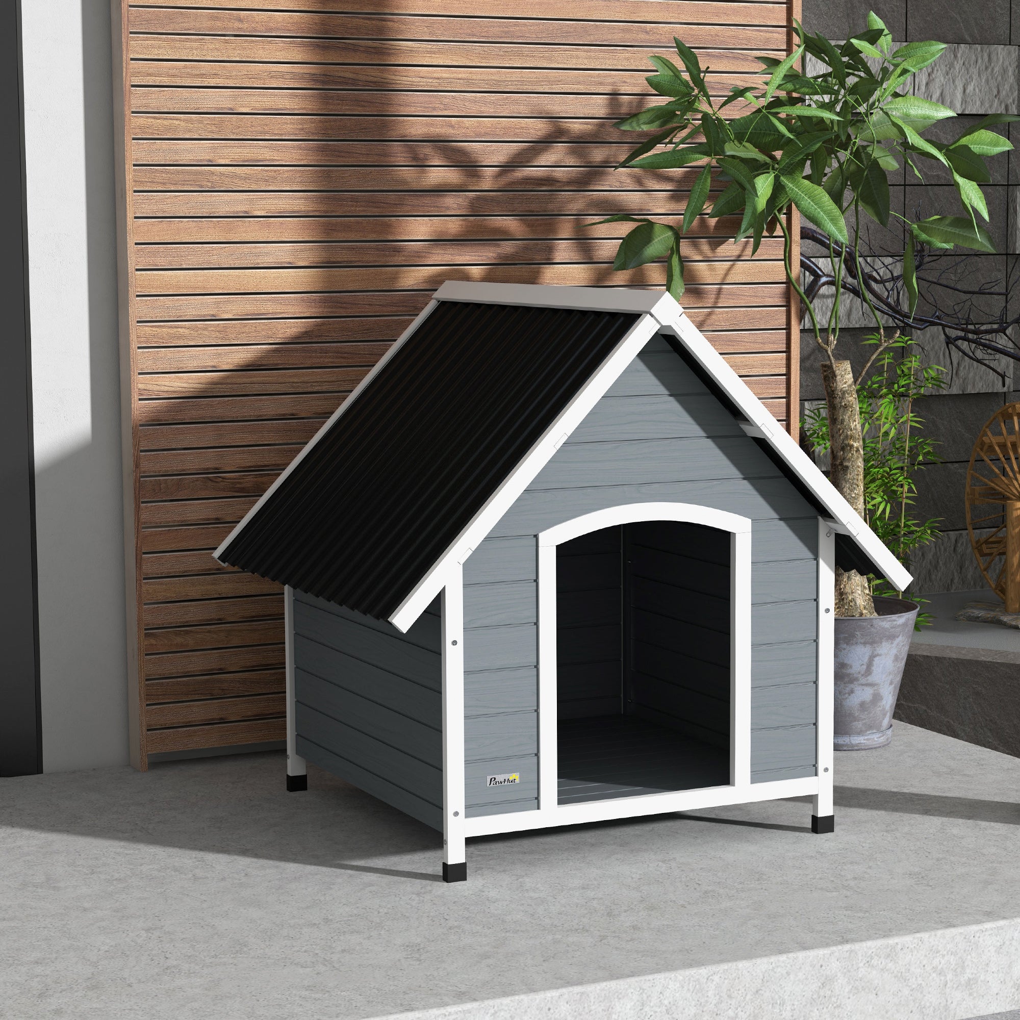 PawHut Dog Kennel Outdoor Wooden Dog House with Removable Floor, Elevated Pet Shelter, Anti-Corrosion Wood, for Large Dogs, 106.5H x 110W x 98Dcm - Grey