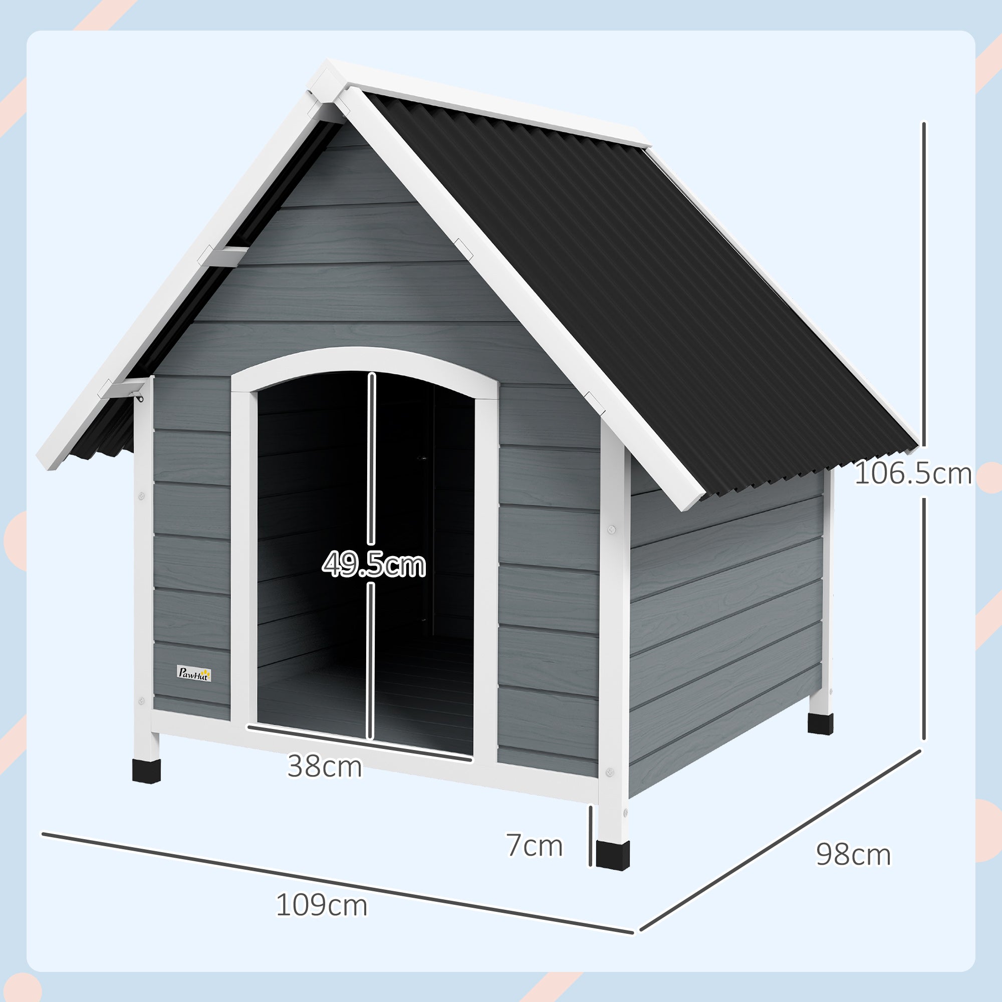 PawHut Dog Kennel Outdoor Wooden Dog House with Removable Floor, Elevated Pet Shelter, Anti-Corrosion Wood, for Large Dogs, 106.5H x 110W x 98Dcm - Grey