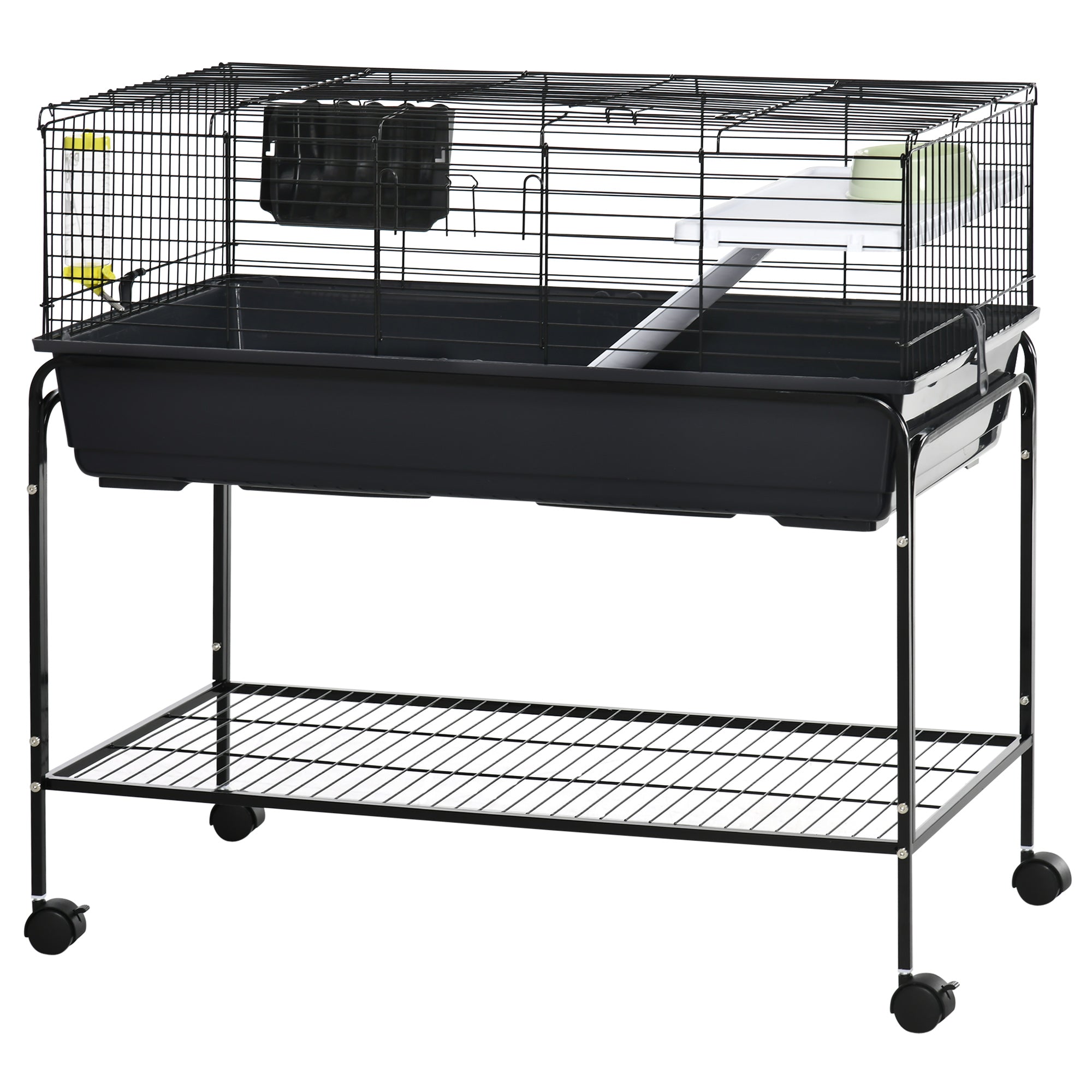 PawHut Small Animal Cage with Rolling Stand, Portable Bunny Cage with Storage Shelf, Guinea Pig Cage, Chinchilla Ferret Cage with Food Dish, Hay Feeder, Water Bottle, 39" x 22" x 36.5"