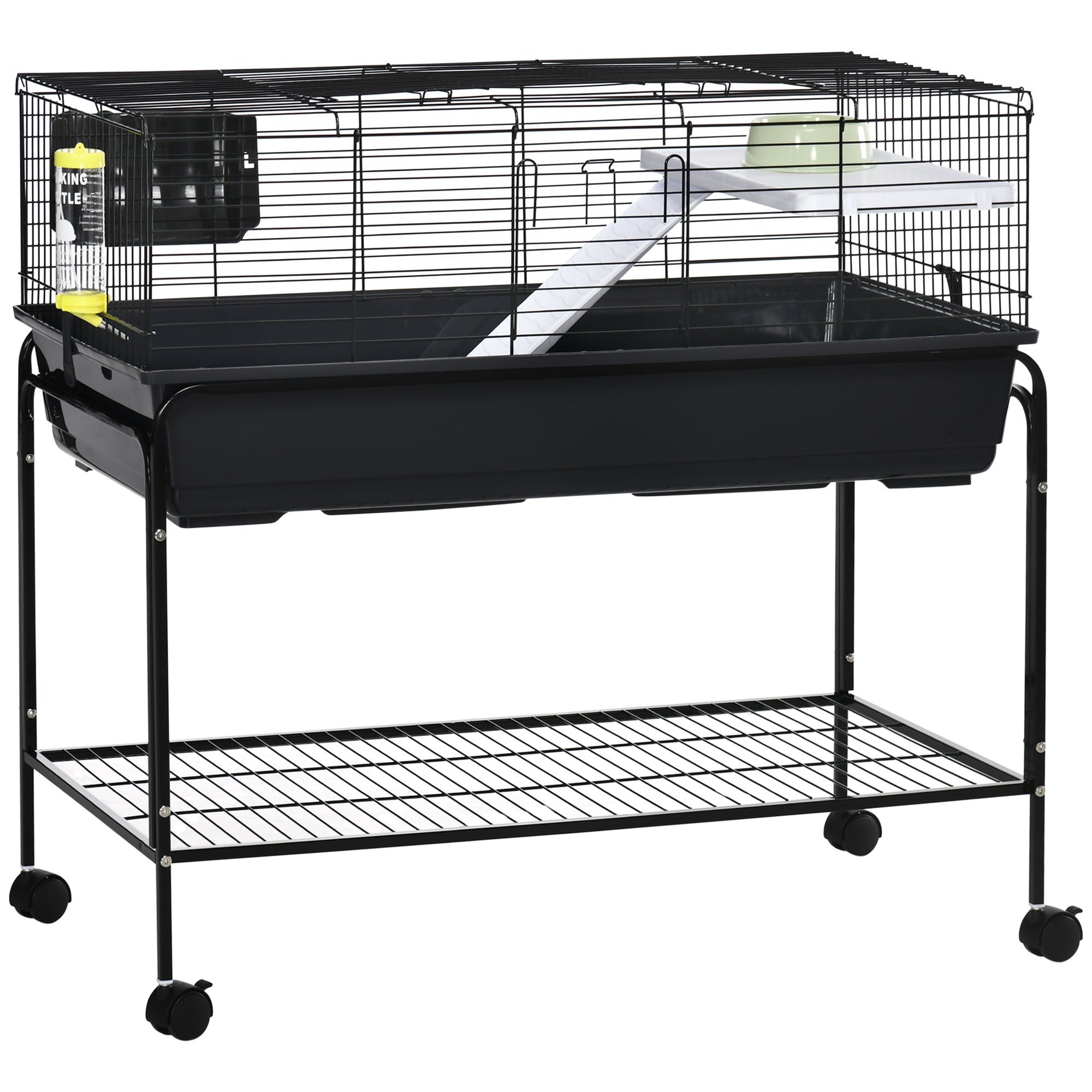 PawHut Small Animal Cage with Rolling Stand, Portable Bunny Cage with Storage Shelf, Guinea Pig Cage, Chinchilla Ferret Cage with Food Dish, Hay Feeder, Water Bottle, 39" x 22" x 36.5"