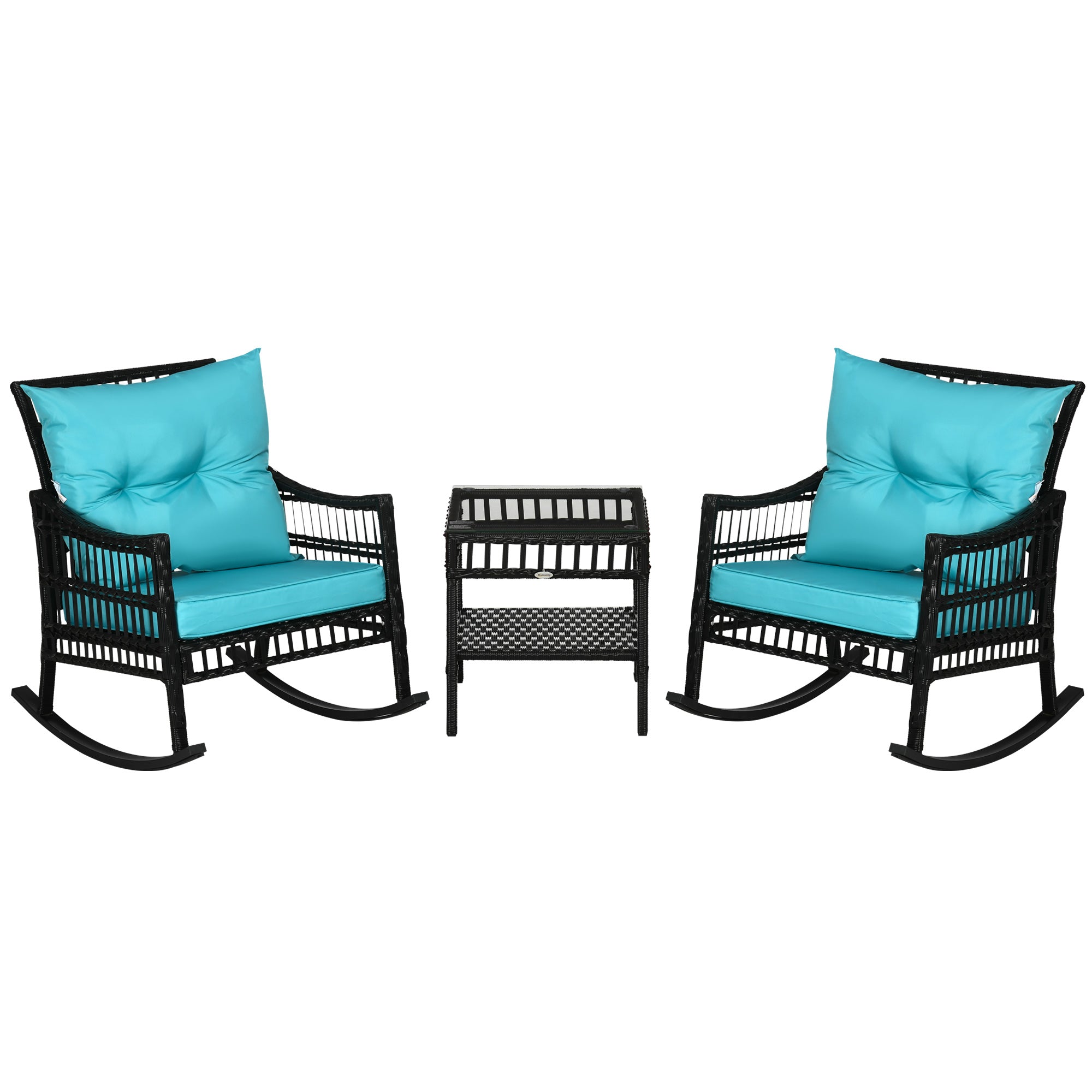 Outsunny 3 Pieces Outdoor PE Rattan Rocking Chair Set, Patio Wicker Rocker Chair Bistro set with Padded Cushions and Storage, for Garden Backyard Porch, Turquoise Green