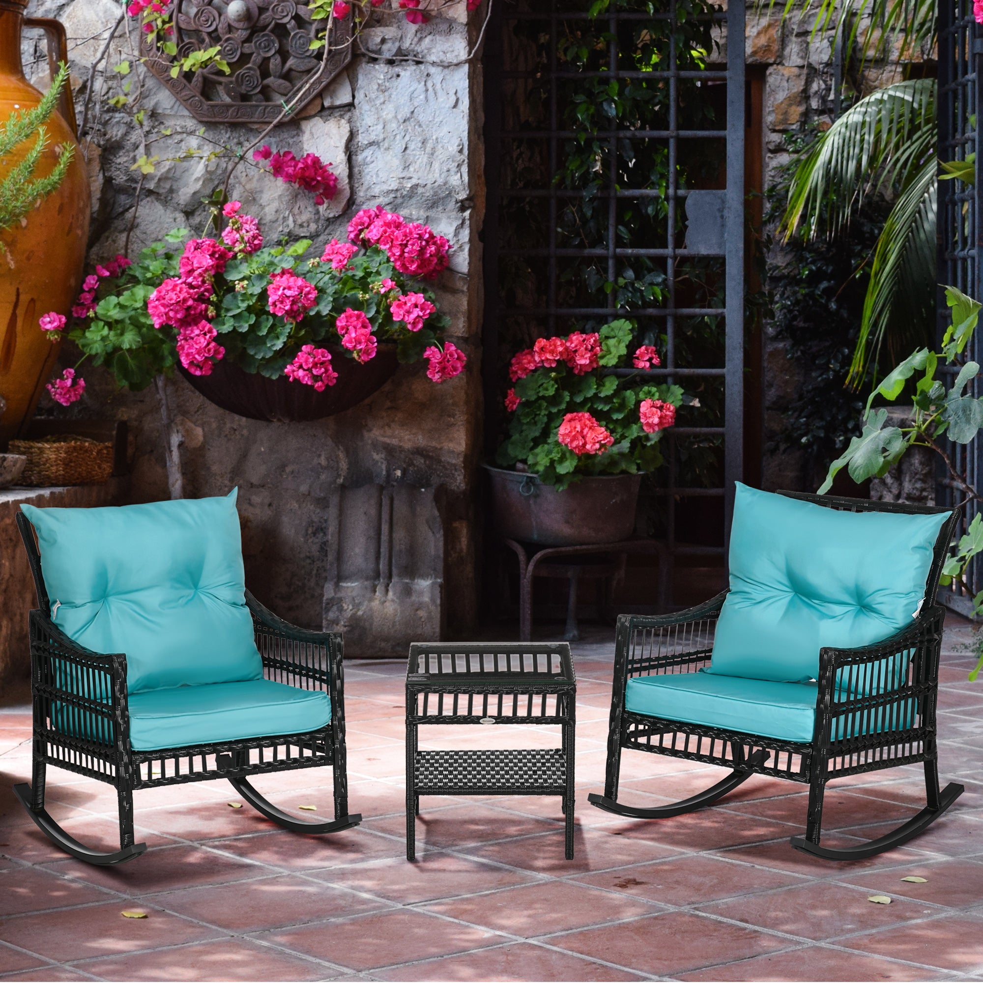 Outsunny 3 Pieces Outdoor PE Rattan Rocking Chair Set, Patio Wicker Rocker Chair Bistro set with Padded Cushions and Storage, for Garden Backyard Porch, Turquoise Green