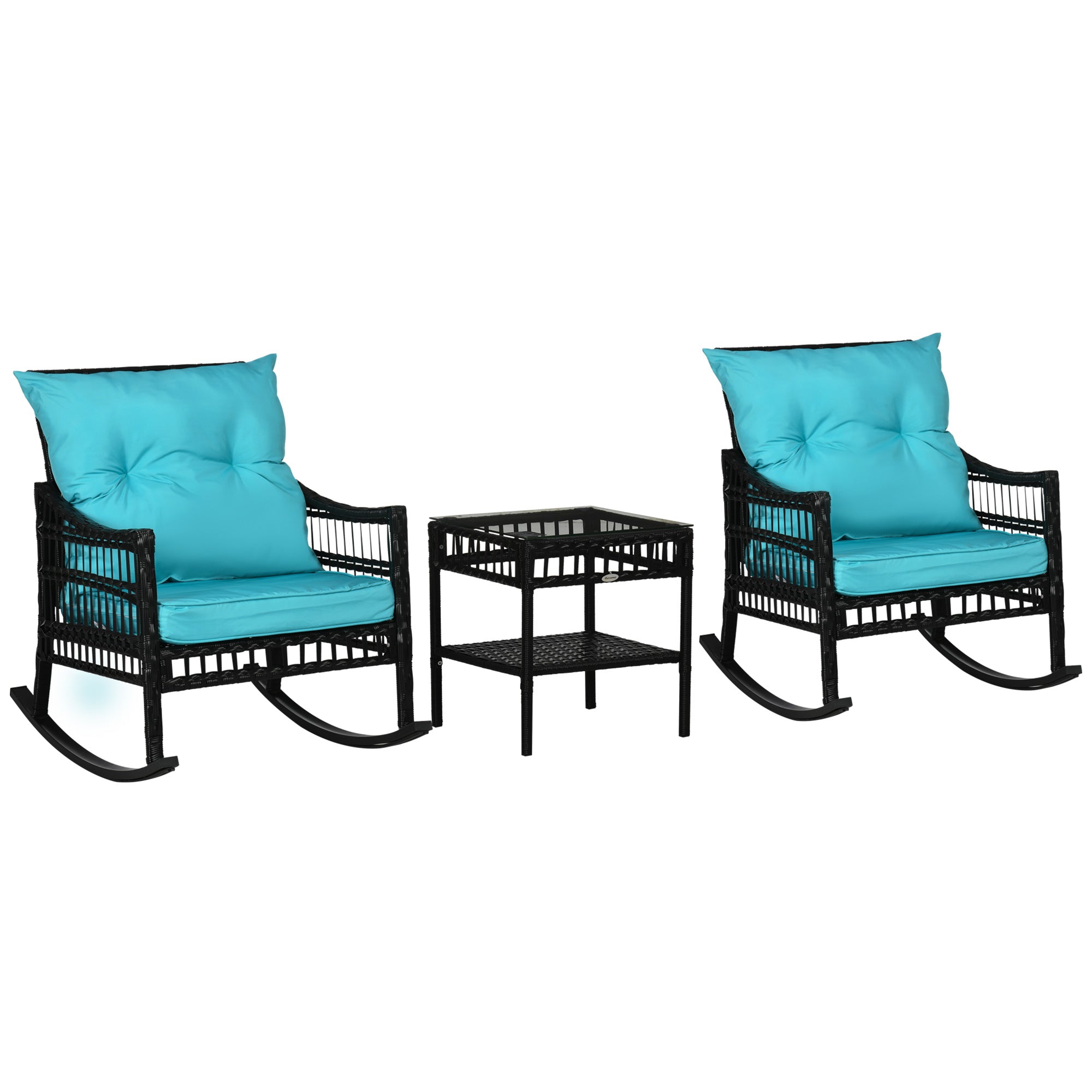 Outsunny 3 Pieces Outdoor PE Rattan Rocking Chair Set, Patio Wicker Rocker Chair Bistro set with Padded Cushions and Storage, for Garden Backyard Porch, Turquoise Green