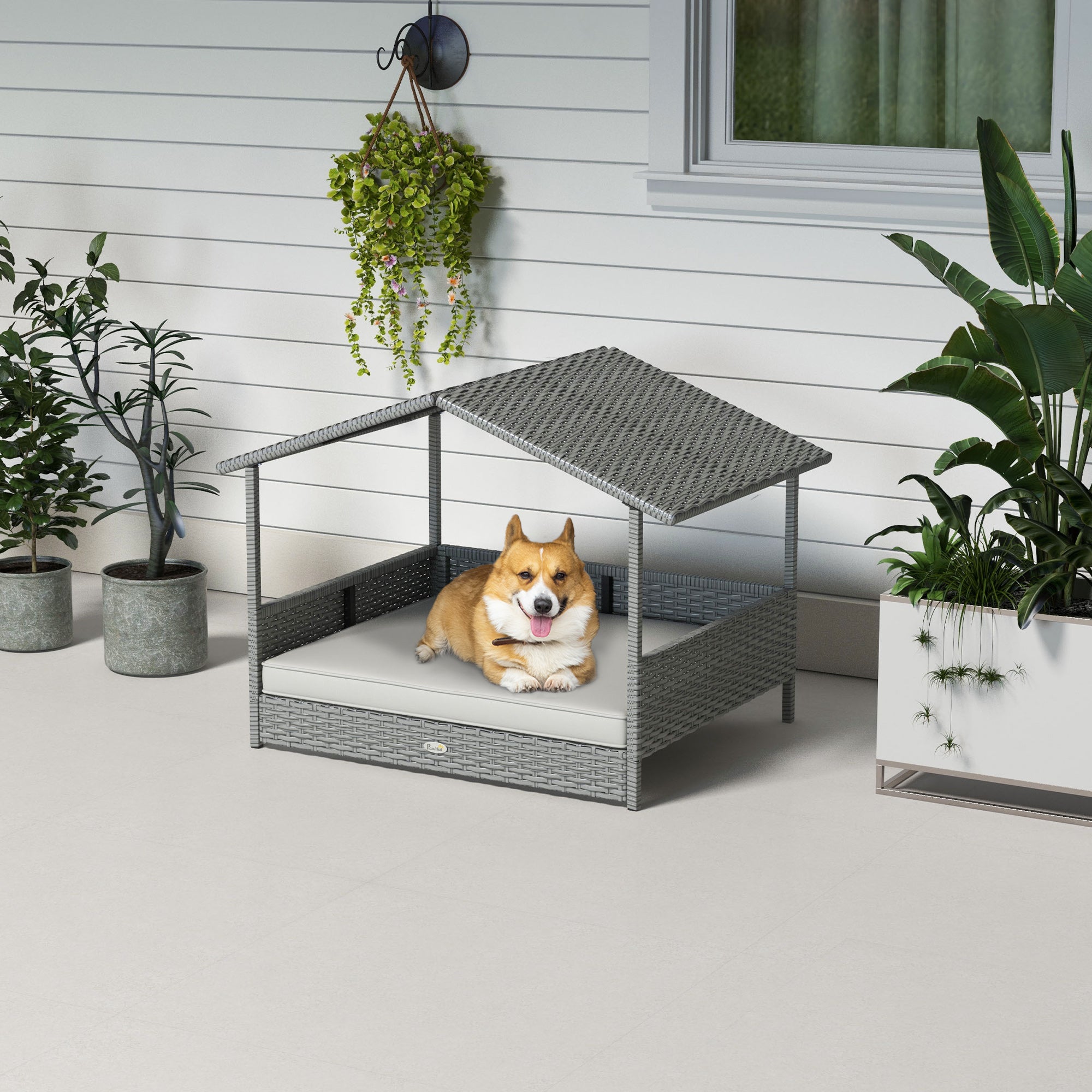 PawHut Wicker Dog House Outdoor with Canopy, Rattan Dog Bed with Water-resistant Cushion, Raised Dog Bed for Small, Medium Dogs up to 66 lbs, 19.75" in Length, Silver Wicker, White Cushion