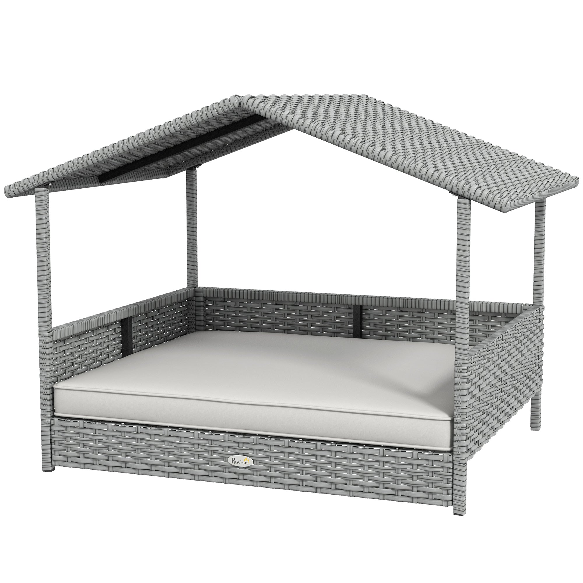 PawHut Wicker Dog House Outdoor with Canopy, Rattan Dog Bed with Water-resistant Cushion, Raised Dog Bed for Small, Medium Dogs up to 66 lbs, 19.75" in Length, Silver Wicker, White Cushion