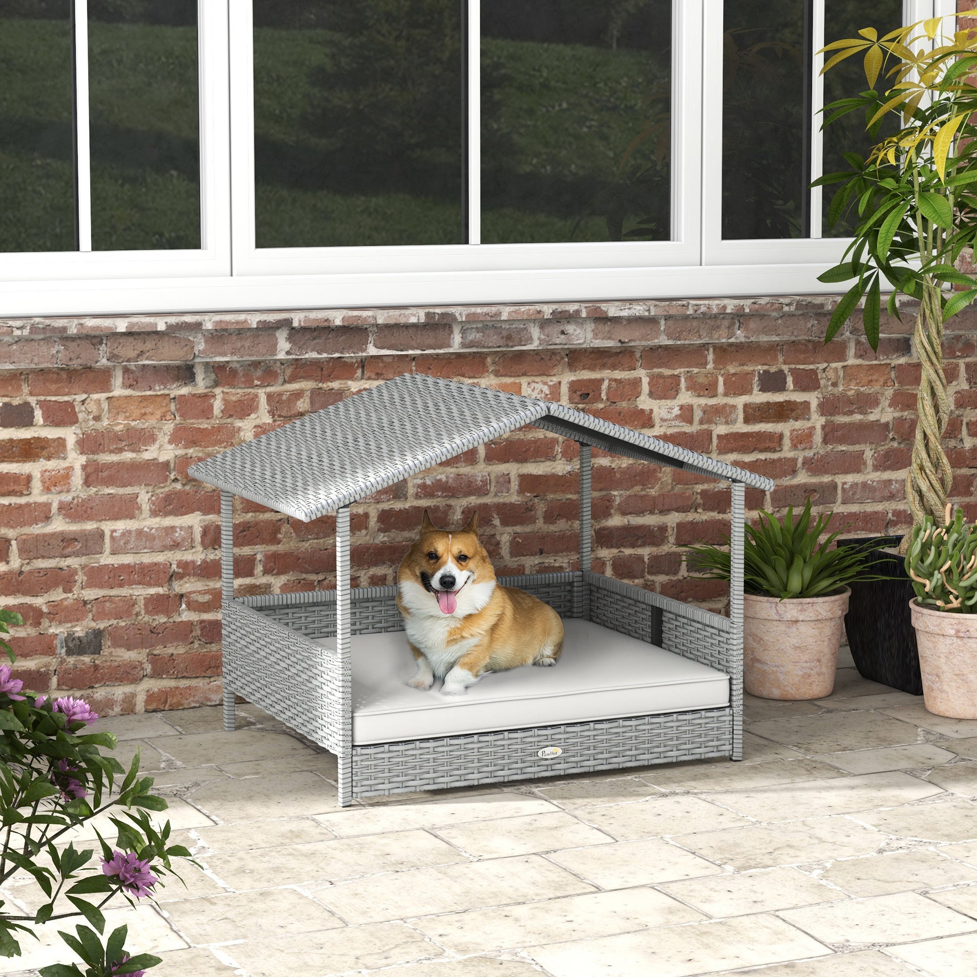 PawHut Wicker Dog House Outdoor with Canopy, Rattan Dog Bed with Water-resistant Cushion, Raised Dog Bed for Small, Medium Dogs up to 66 lbs, 19.75" in Length, Silver Wicker, White Cushion