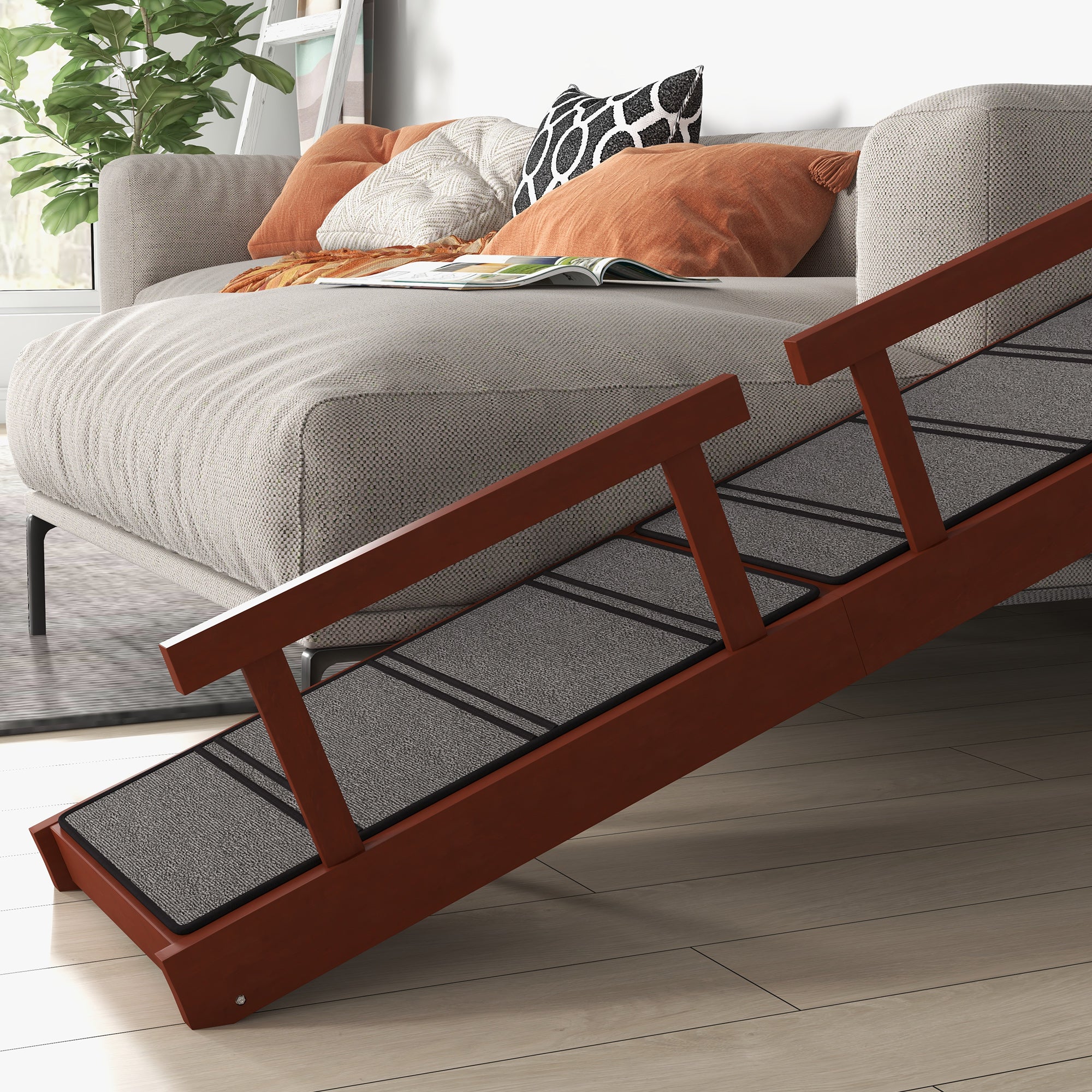 PawHut Wooden Dog Ramp for Large Dogs, 60" Long Pet Ramp with Non-slip Rug, Removable Guardrails, Dog Stairs for Couch, Bed, Brown