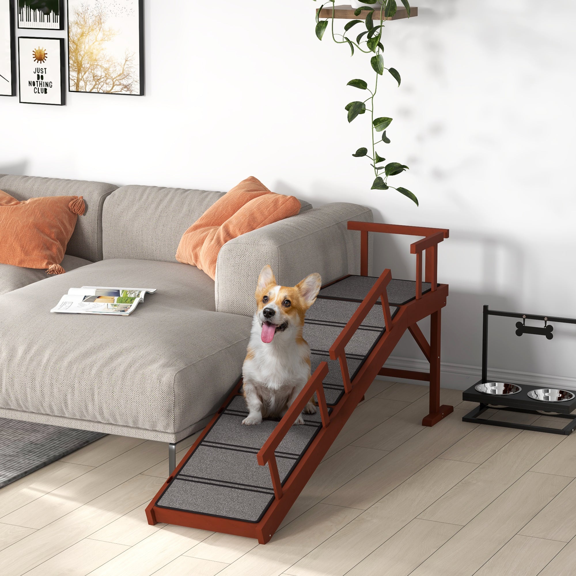 PawHut Wooden Dog Ramp for Large Dogs, 60" Long Pet Ramp with Non-slip Rug, Removable Guardrails, Dog Stairs for Couch, Bed, Brown