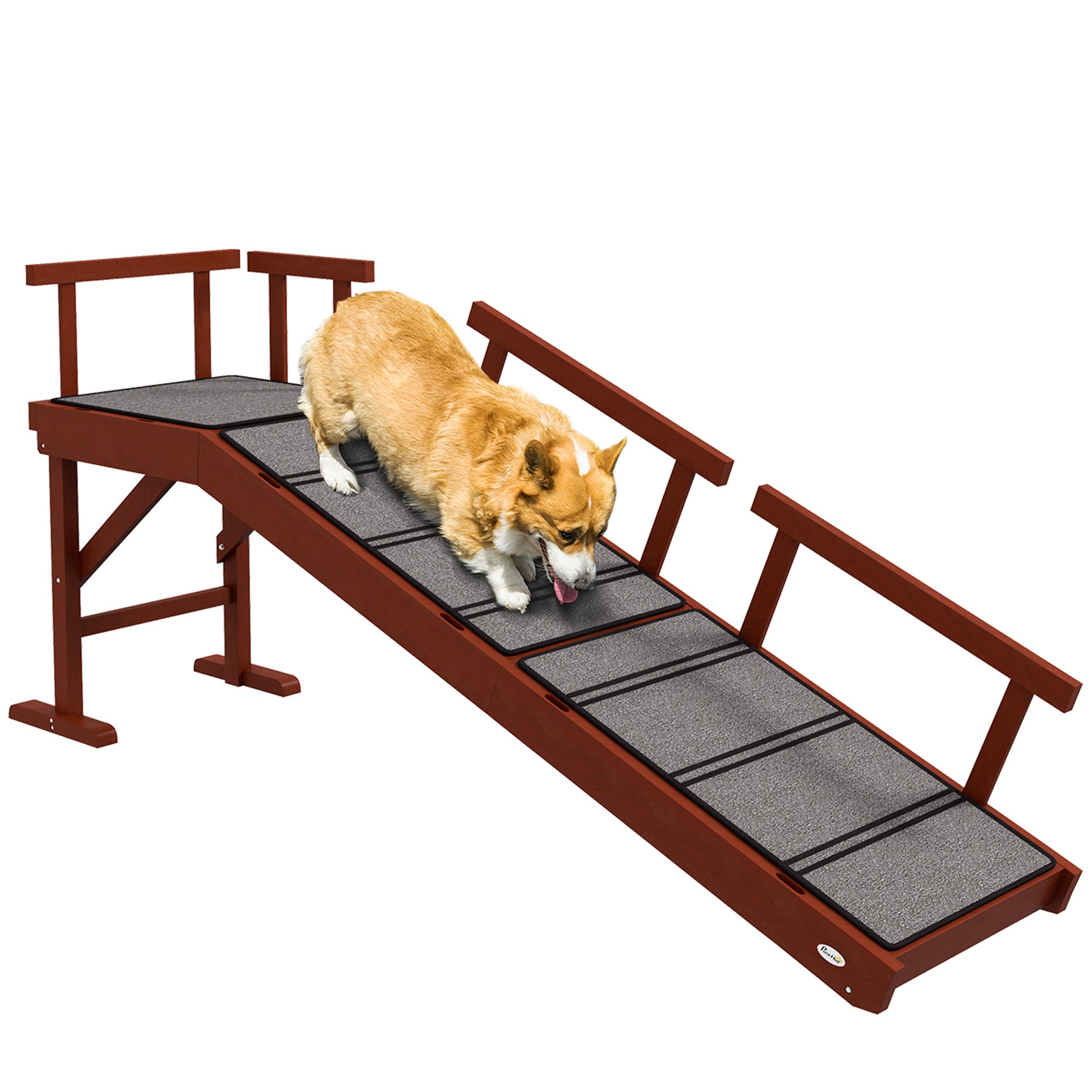 PawHut Wooden Dog Ramp for Large Dogs, 60" Long Pet Ramp with Non-slip Rug, Removable Guardrails, Dog Stairs for Couch, Bed, Brown