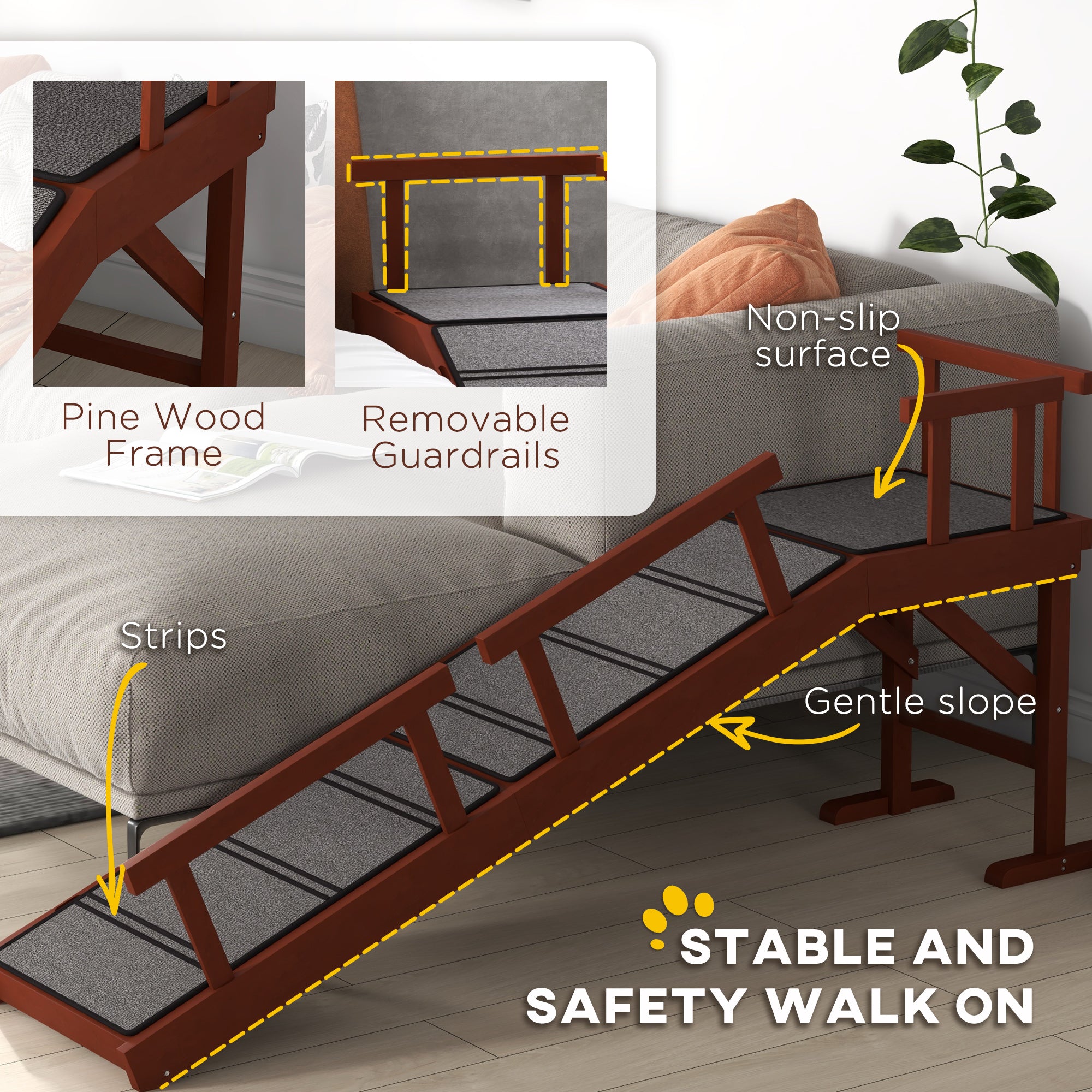 PawHut Wooden Dog Ramp for Large Dogs, 60" Long Pet Ramp with Non-slip Rug, Removable Guardrails, Dog Stairs for Couch, Bed, Brown