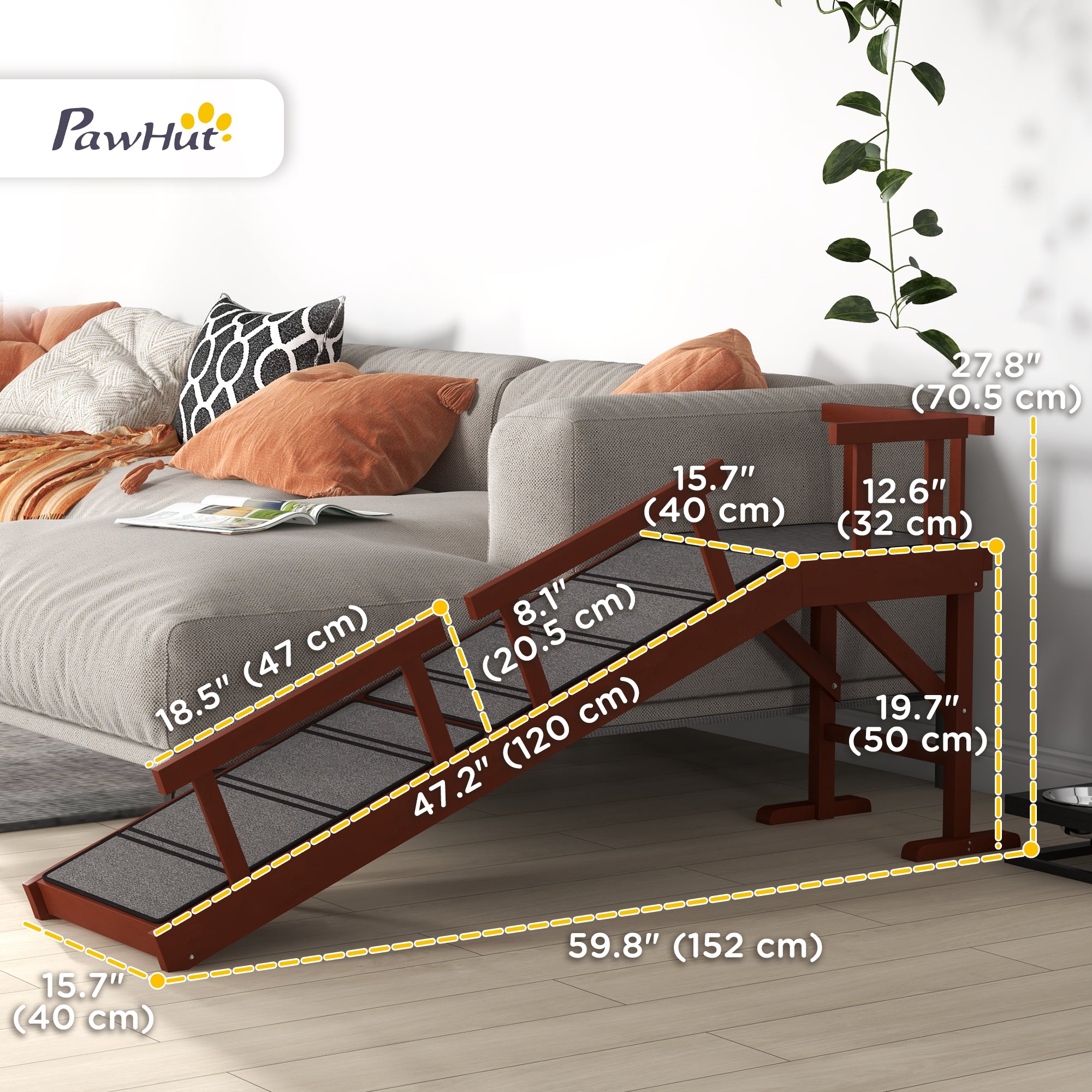 PawHut Wooden Dog Ramp for Large Dogs, 60" Long Pet Ramp with Non-slip Rug, Removable Guardrails, Dog Stairs for Couch, Bed, Brown