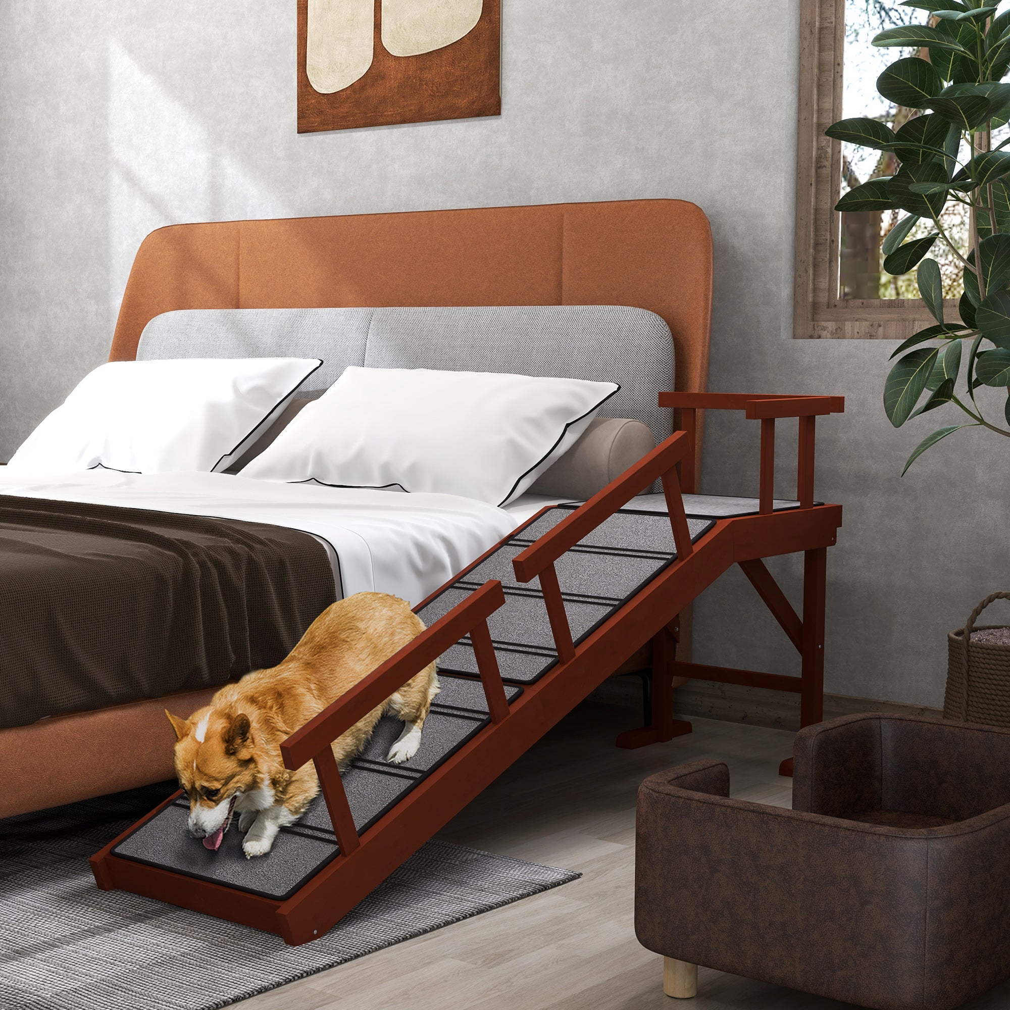 PawHut Wooden Dog Ramp for Large Dogs, 60" Long Pet Ramp with Non-slip Rug, Removable Guardrails, Dog Stairs for Couch, Bed, Brown