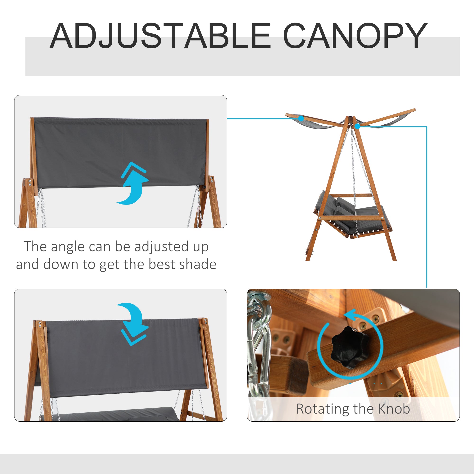 Outsunny 3 Seater Patio Swing Chair Convertible Cushioned Porch Swing Bed Outdoor Swing Seat with Canopy, Wood Frame for Porch, Backyard, Garden, Balcony, Teak and Grey