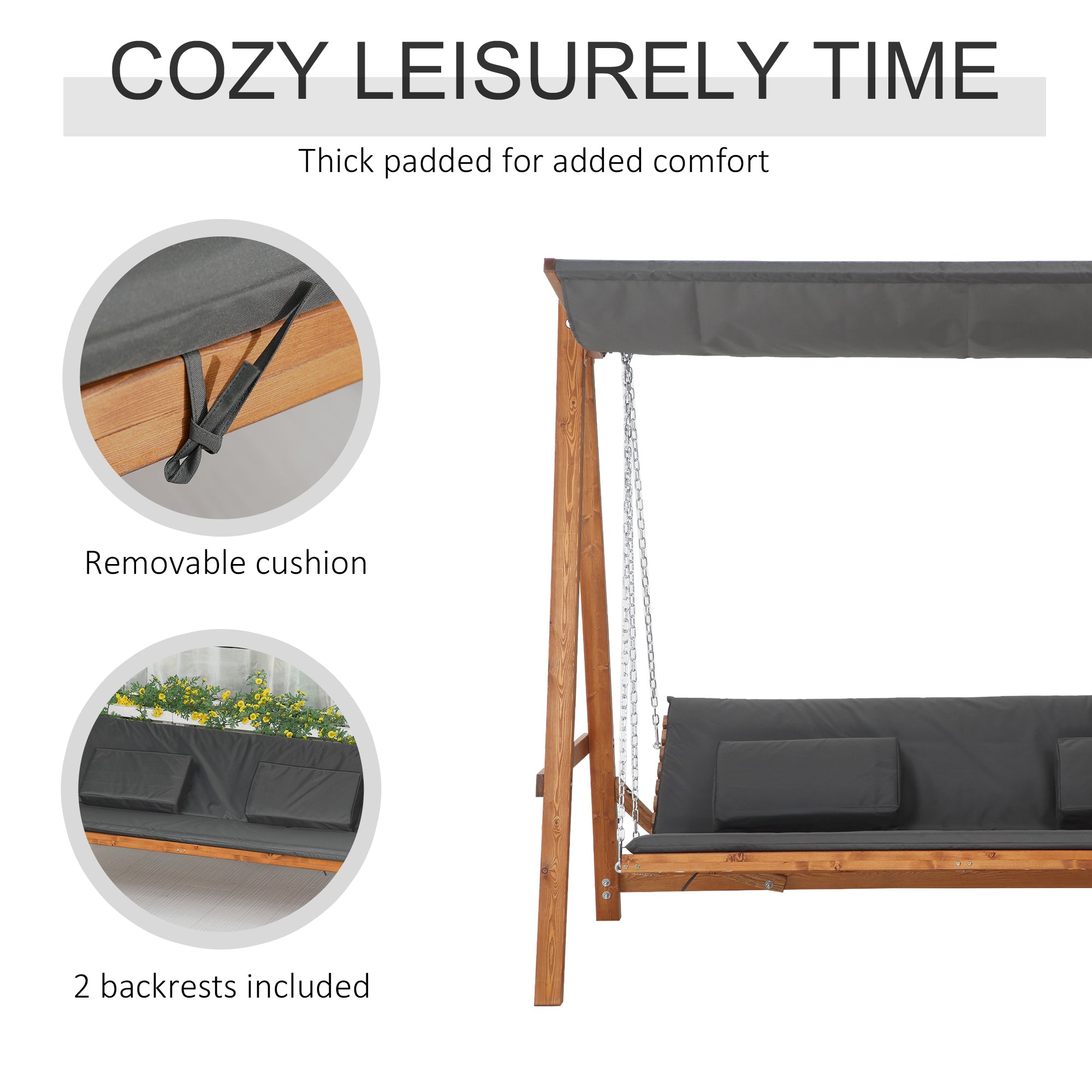 Outsunny 3 Seater Patio Swing Chair Convertible Cushioned Porch Swing Bed Outdoor Swing Seat with Canopy, Wood Frame for Porch, Backyard, Garden, Balcony, Teak and Grey