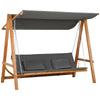 Outsunny 3 Seater Patio Swing Chair Convertible Cushioned Porch Swing Bed Outdoor Swing Seat with Canopy, Wood Frame for Porch, Backyard, Garden, Balcony, Teak and Grey