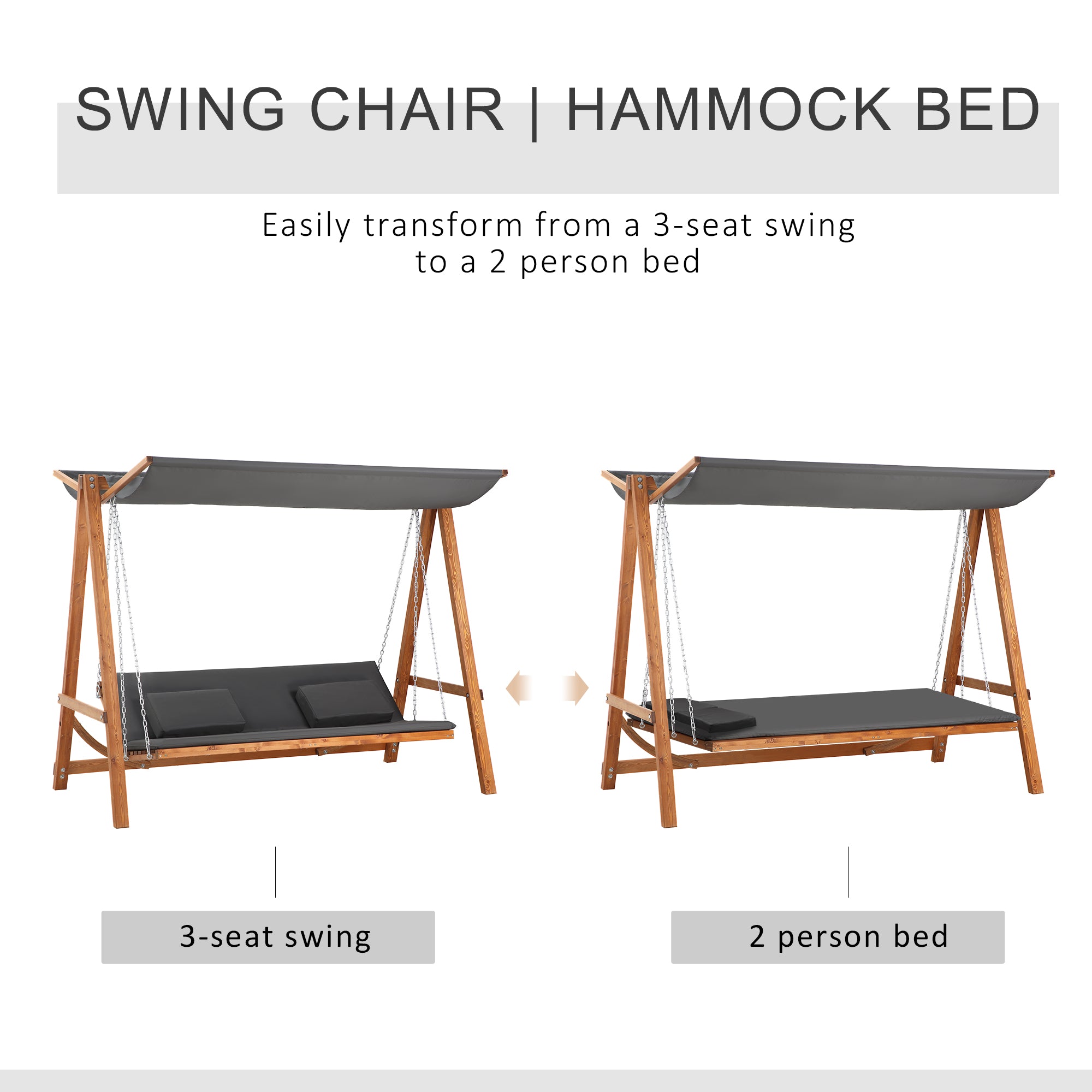 Outsunny 3 Seater Patio Swing Chair Convertible Cushioned Porch Swing Bed Outdoor Swing Seat with Canopy, Wood Frame for Porch, Backyard, Garden, Balcony, Teak and Grey