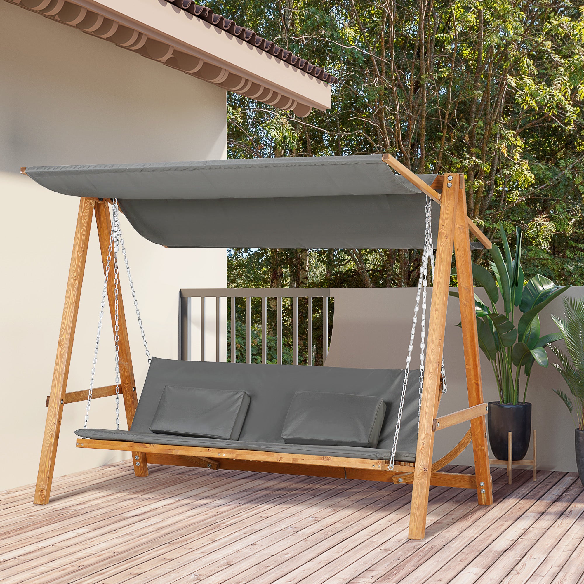 Outsunny 3 Seater Patio Swing Chair Convertible Cushioned Porch Swing Bed Outdoor Swing Seat with Canopy, Wood Frame for Porch, Backyard, Garden, Balcony, Teak and Grey