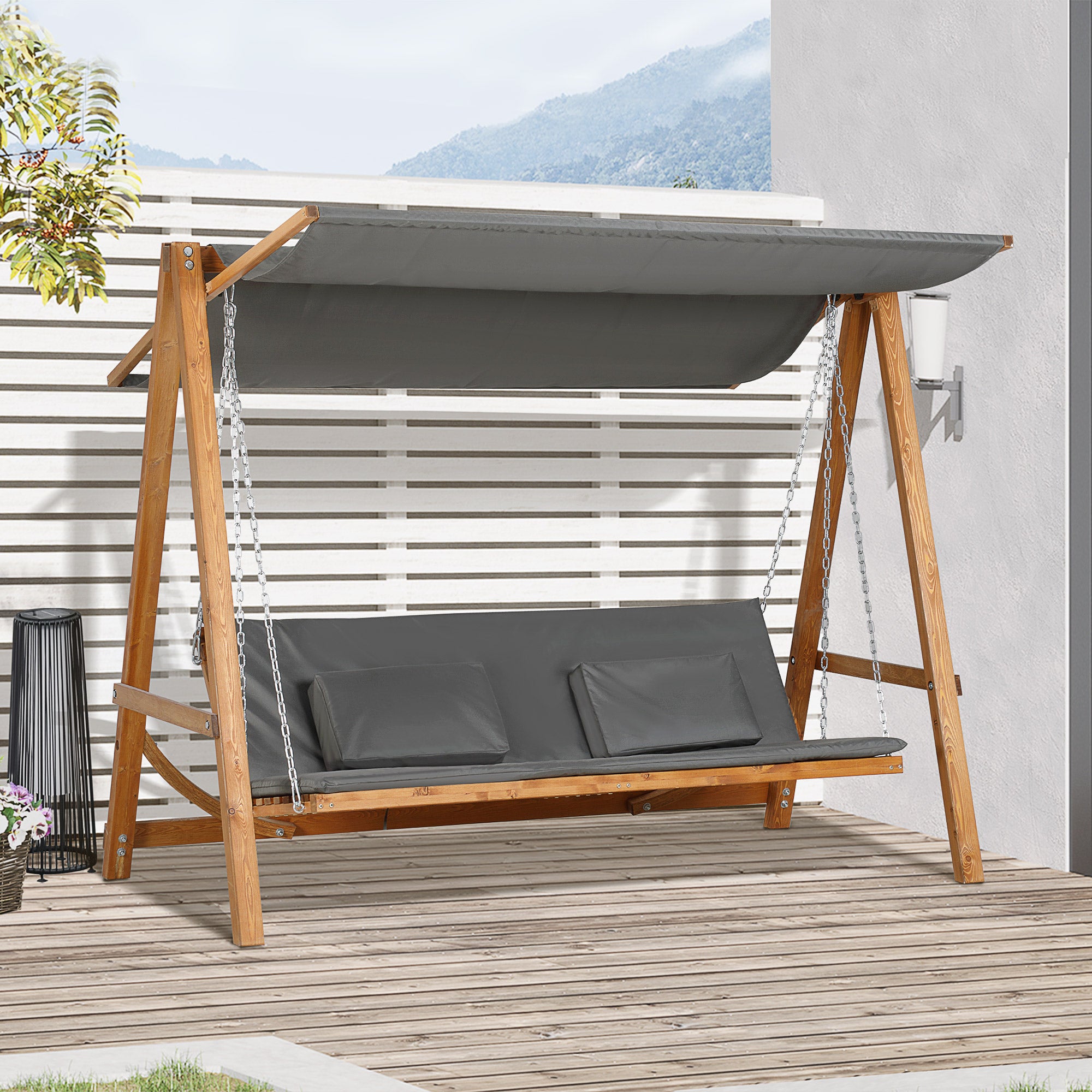 Outsunny 3 Seater Patio Swing Chair Convertible Cushioned Porch Swing Bed Outdoor Swing Seat with Canopy, Wood Frame for Porch, Backyard, Garden, Balcony, Teak and Grey