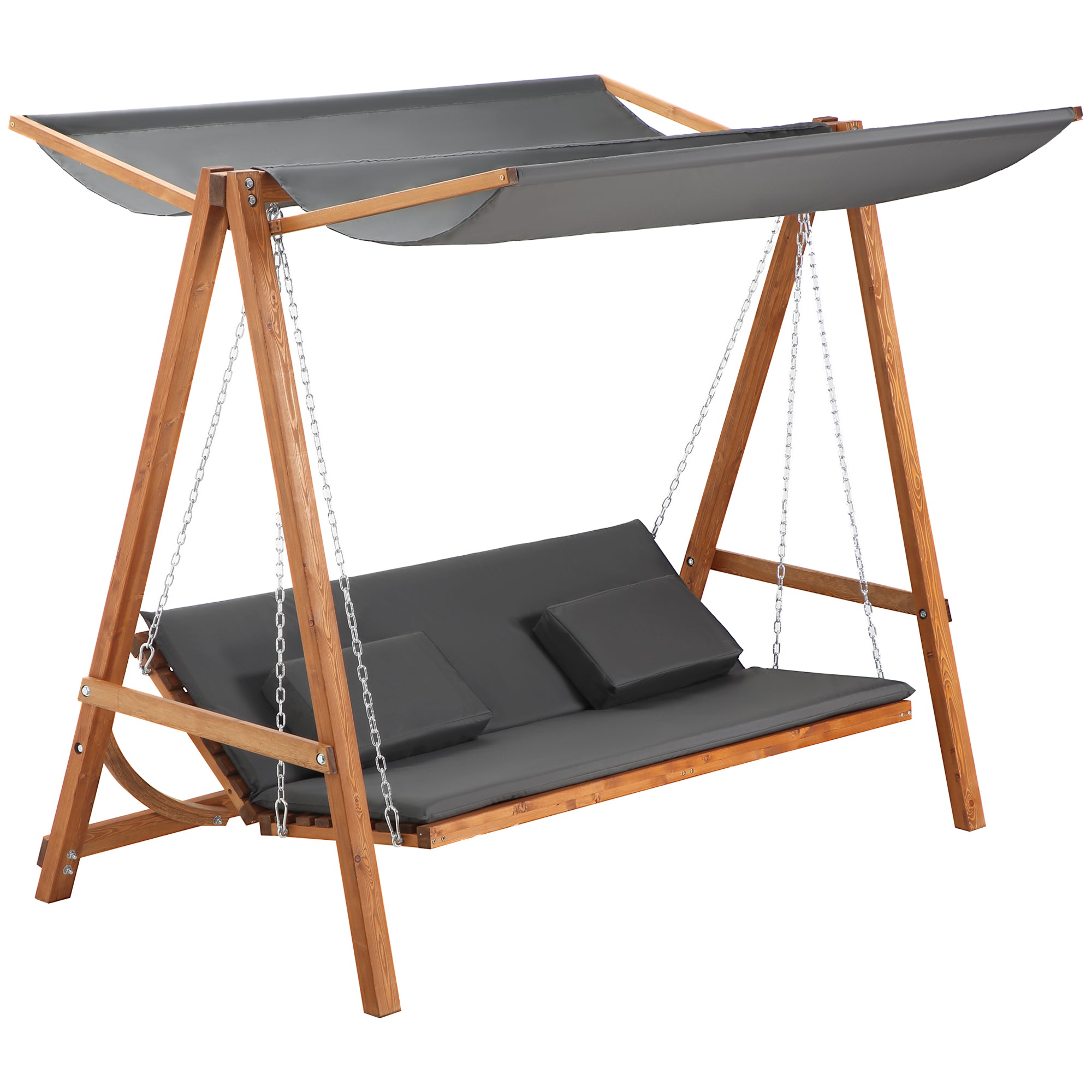 Outsunny 3 Seater Patio Swing Chair Convertible Cushioned Porch Swing Bed Outdoor Swing Seat with Canopy, Wood Frame for Porch, Backyard, Garden, Balcony, Teak and Grey