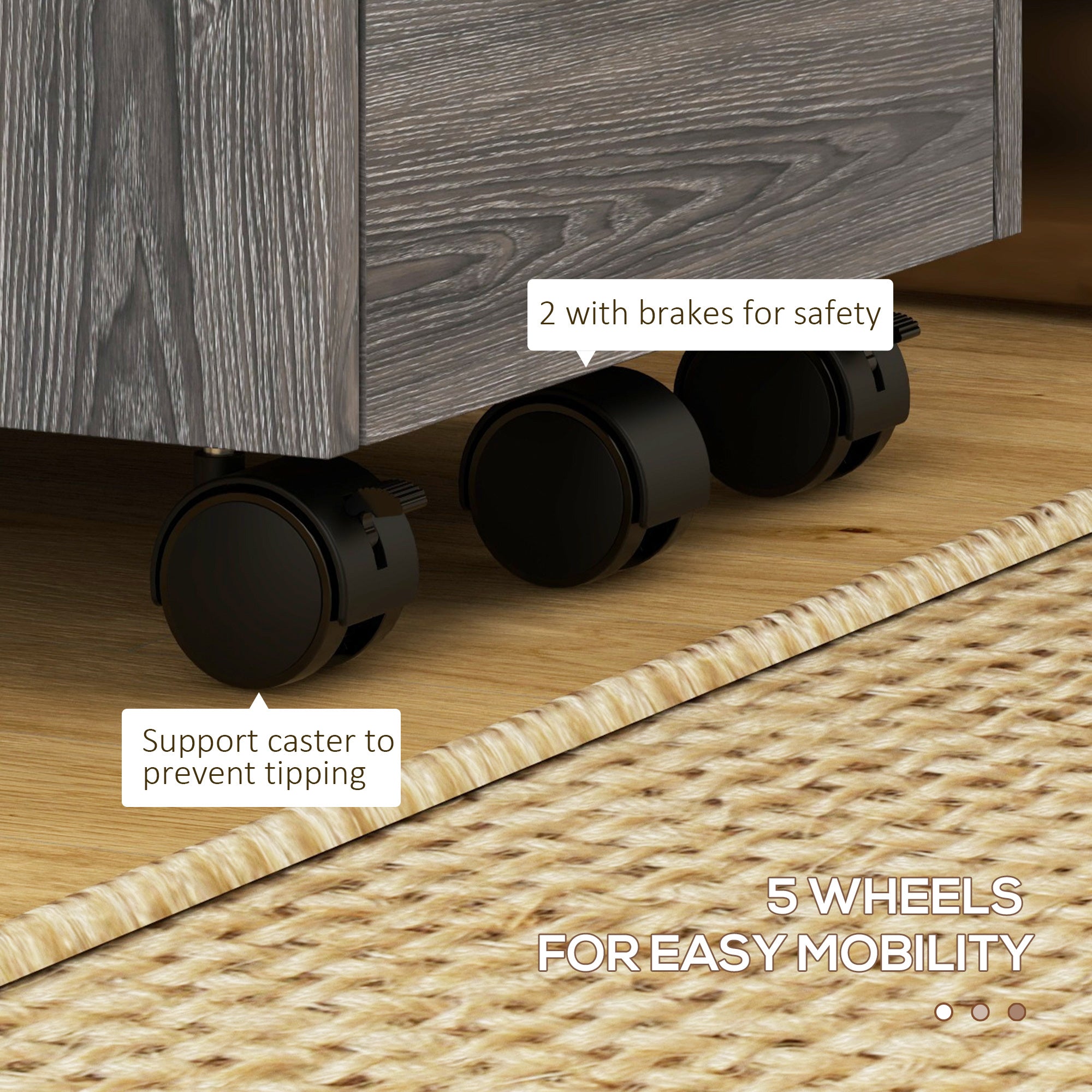 HOMCOM 3 Drawer File Cabinet with Lock and Edged Top, Lockable Filing Cabinet on Wheels with Hanging Bars for Letter and A4 Size, Grey