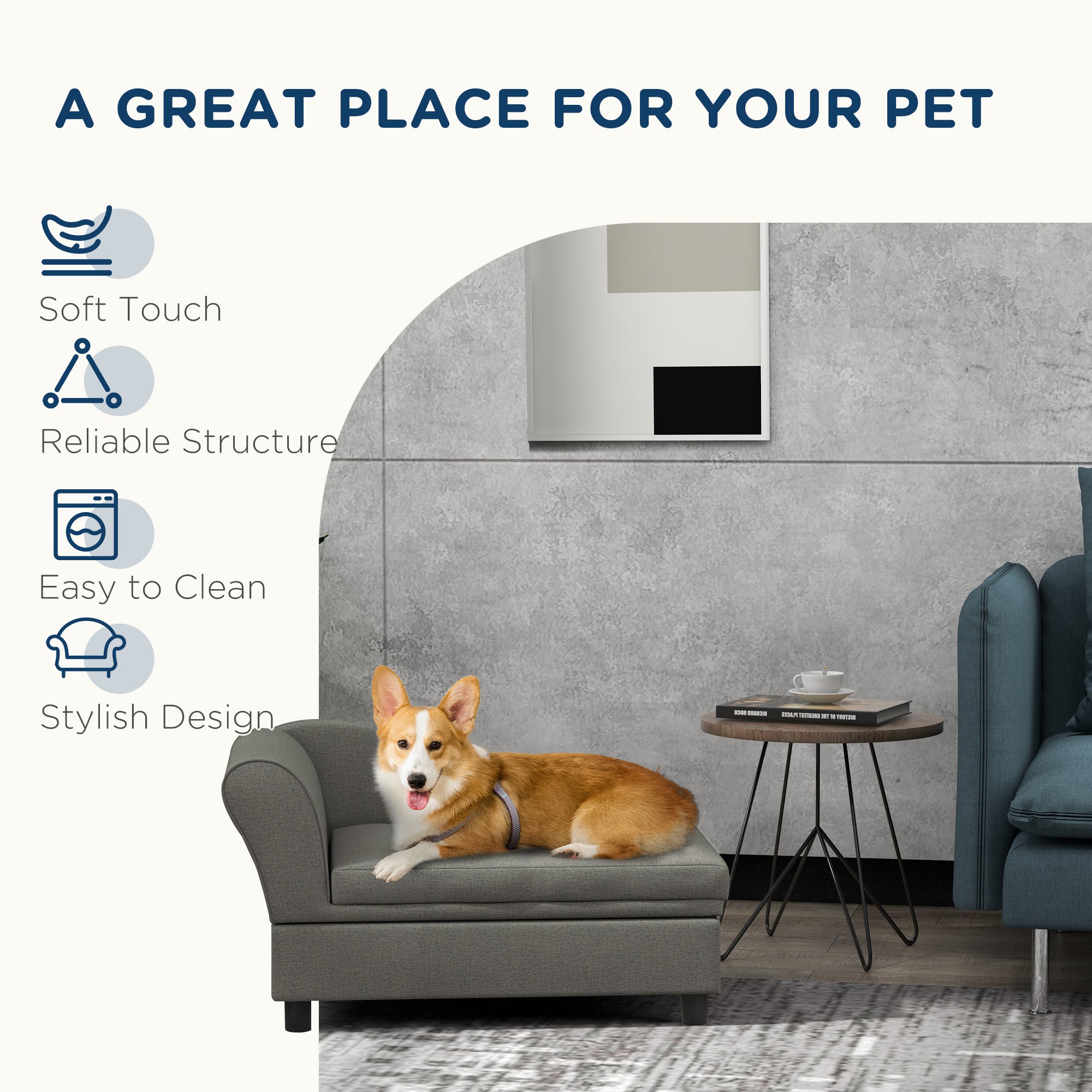 PawHut Pet Sofa, Dog Couch, Elevated Pet Bed for Small Dogs, with Hidden Storage, Soft Tufted Cushion, Gray