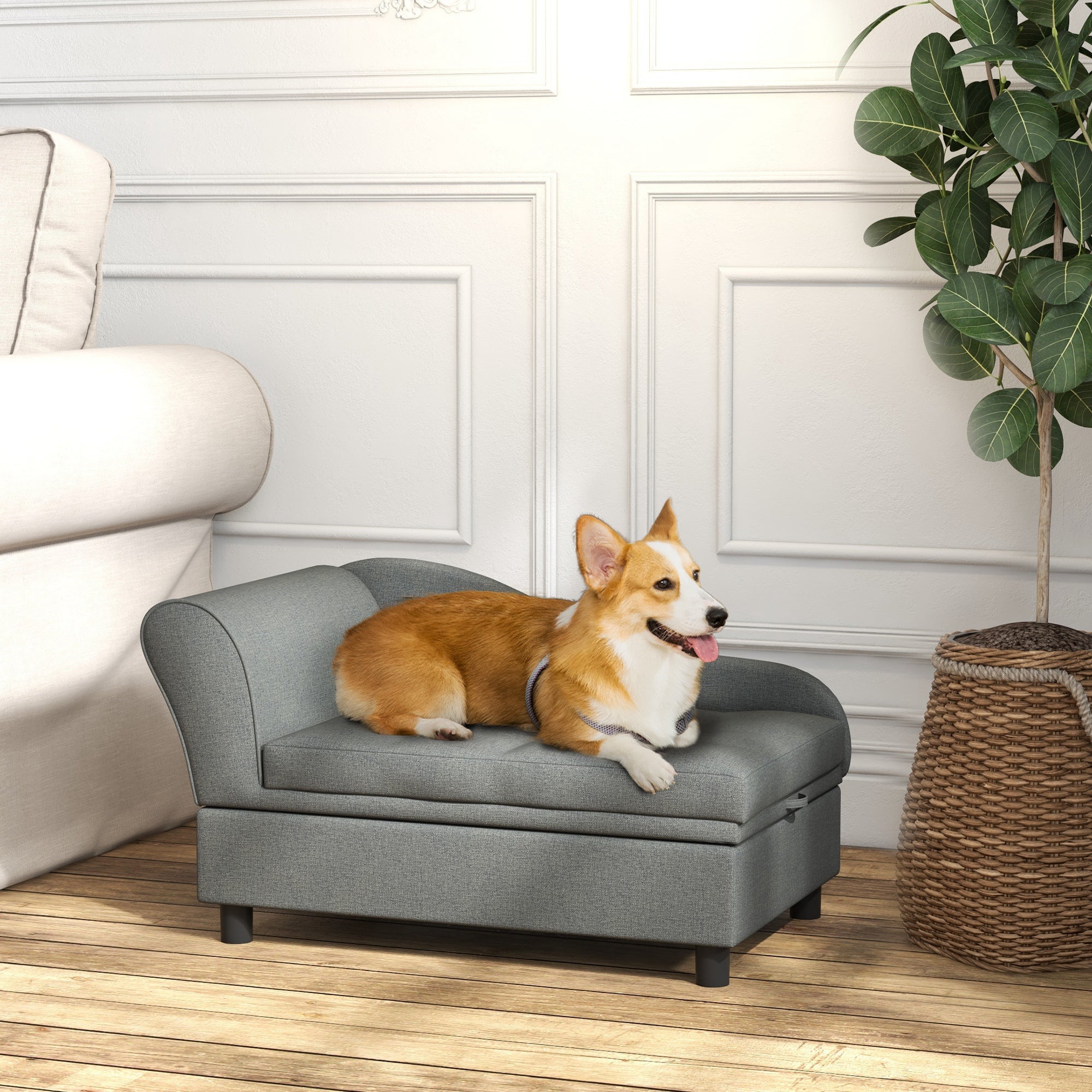 PawHut Pet Sofa, Dog Couch, Elevated Pet Bed for Small Dogs, with Hidden Storage, Soft Tufted Cushion, Gray