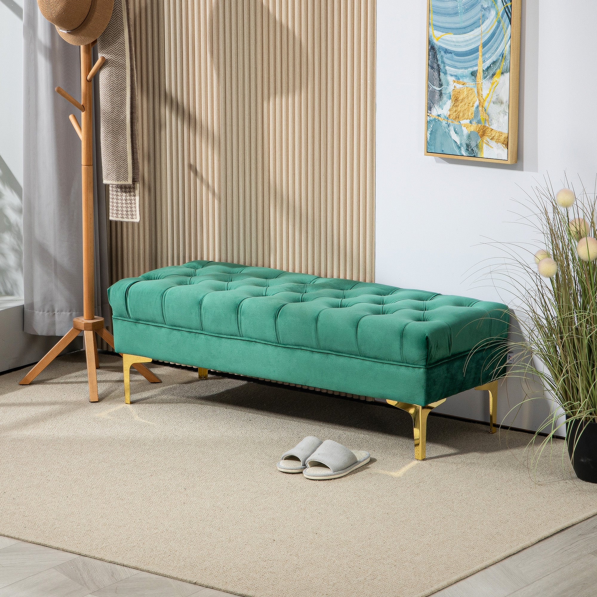 HOMCOM Velvet Upholstered Bench Seat, End of Bed Bench, Entryway Shoe Bench with Button Tufted for Living Room, Bedroom, Dark Green
