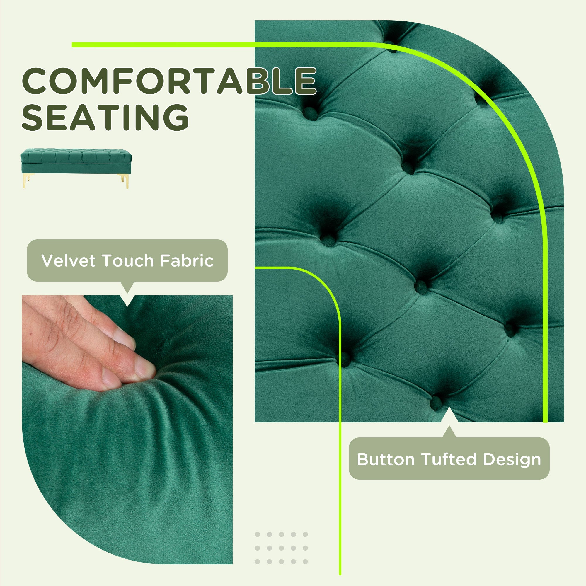 HOMCOM Velvet Upholstered Bench Seat, End of Bed Bench, Entryway Shoe Bench with Button Tufted for Living Room, Bedroom, Dark Green