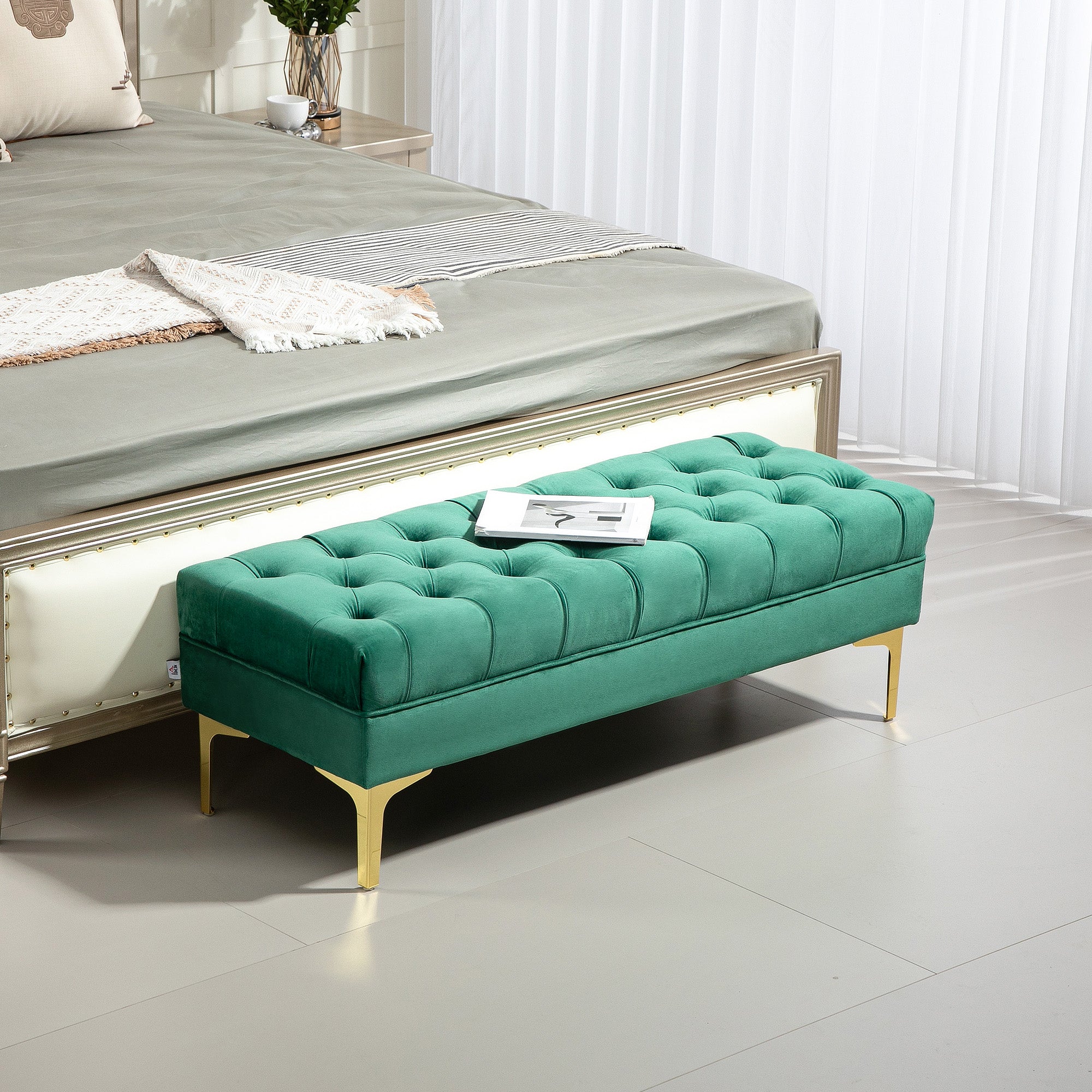 HOMCOM Velvet Upholstered Bench Seat, End of Bed Bench, Entryway Shoe Bench with Button Tufted for Living Room, Bedroom, Dark Green
