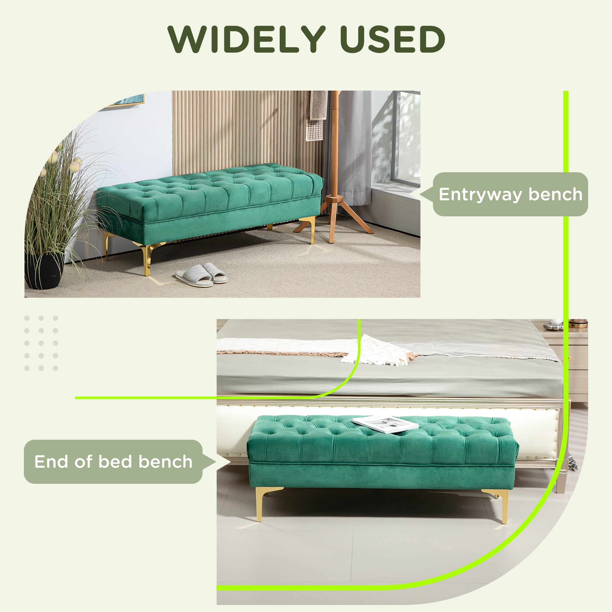 HOMCOM Velvet Upholstered Bench Seat, End of Bed Bench, Entryway Shoe Bench with Button Tufted for Living Room, Bedroom, Dark Green