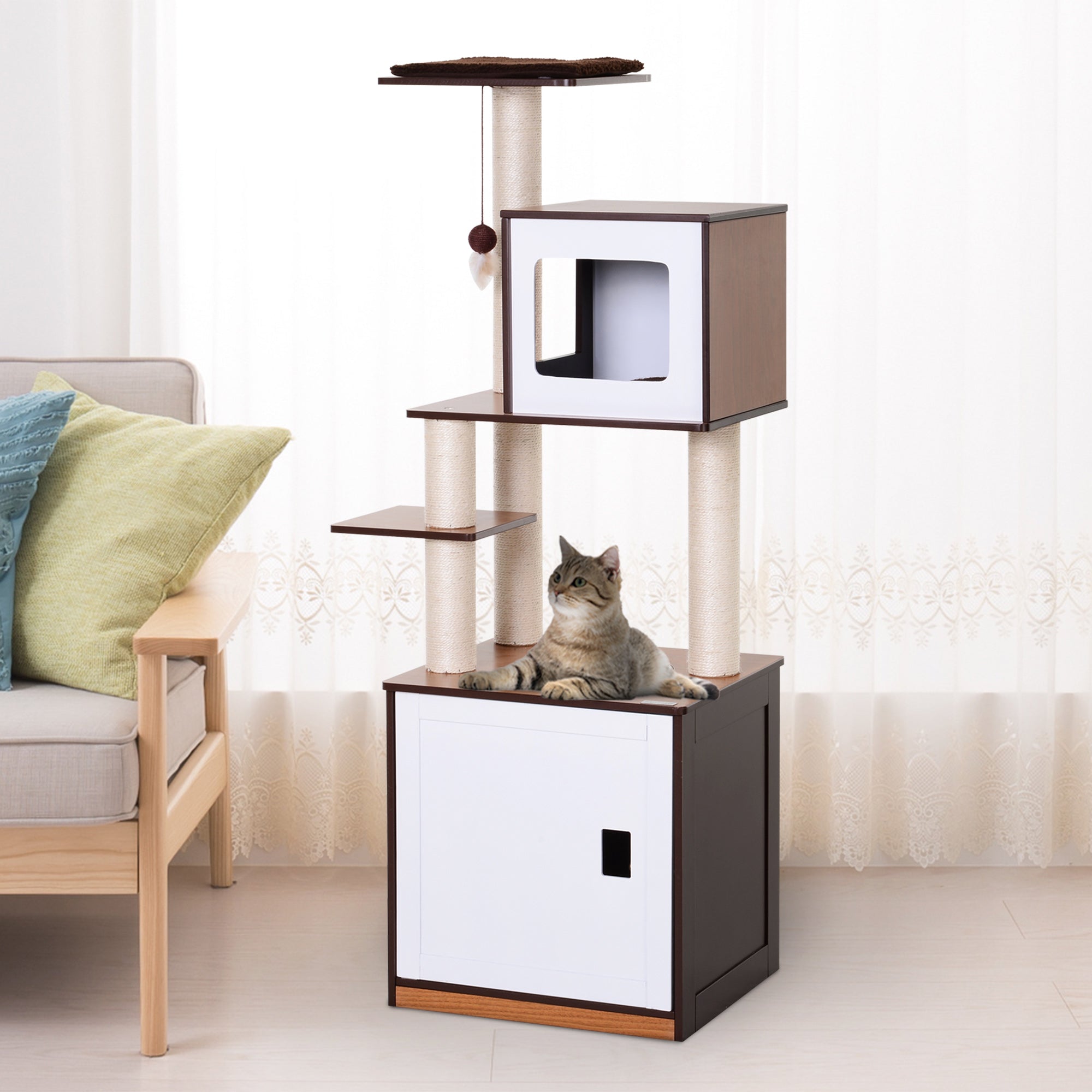 PawHut 57" Cat Tree Tower, Large Cat Condo Furniture, Multi-Level Cat Tower with Scratching Posts, Perches, Removable Mats, Bottom House with Door