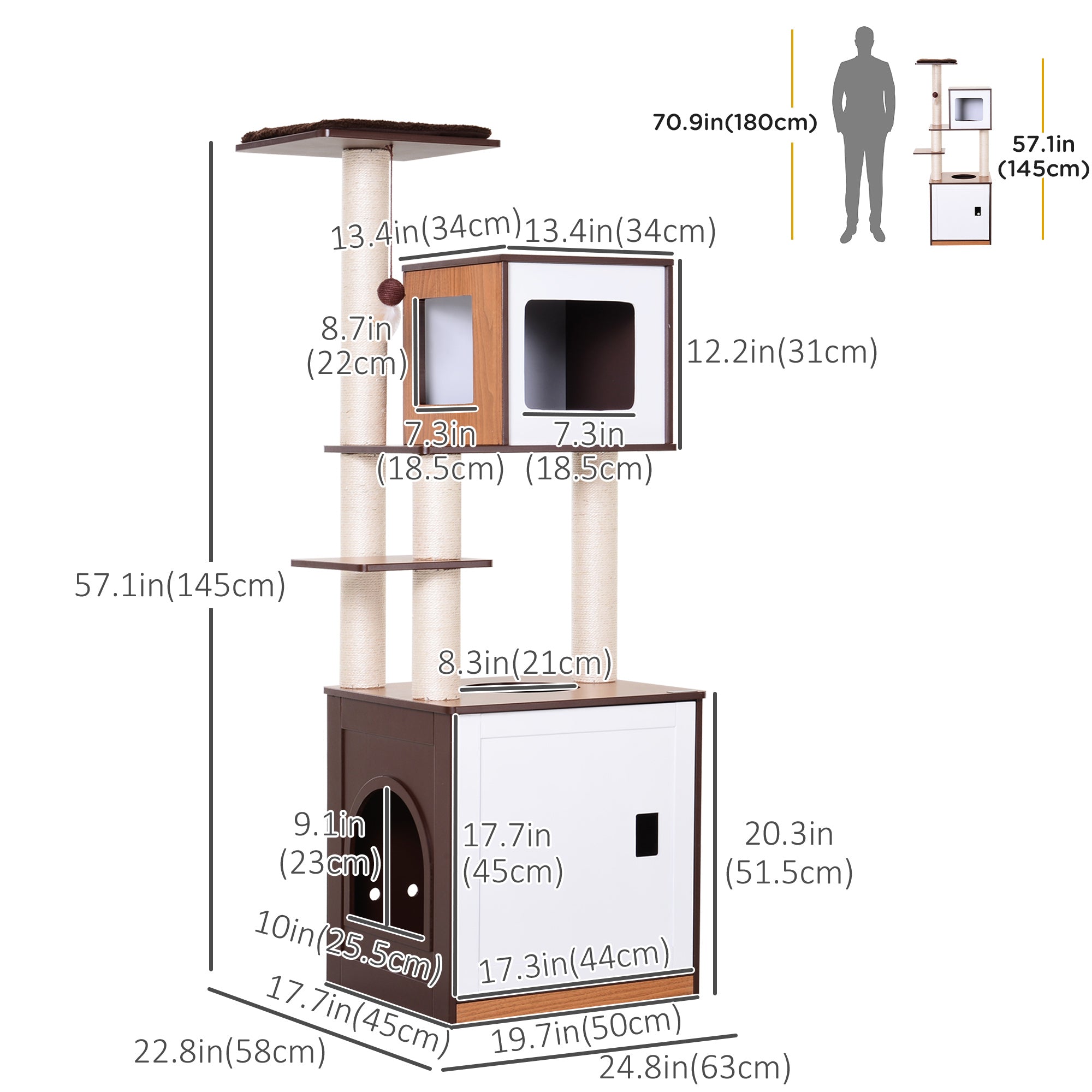 PawHut 57" Cat Tree Tower, Large Cat Condo Furniture, Multi-Level Cat Tower with Scratching Posts, Perches, Removable Mats, Bottom House with Door