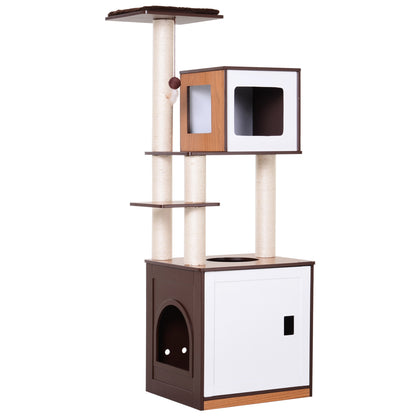 PawHut 57" Cat Tree Tower, Large Cat Condo Furniture, Multi-Level Cat Tower with Scratching Posts, Perches, Removable Mats, Bottom House with Door