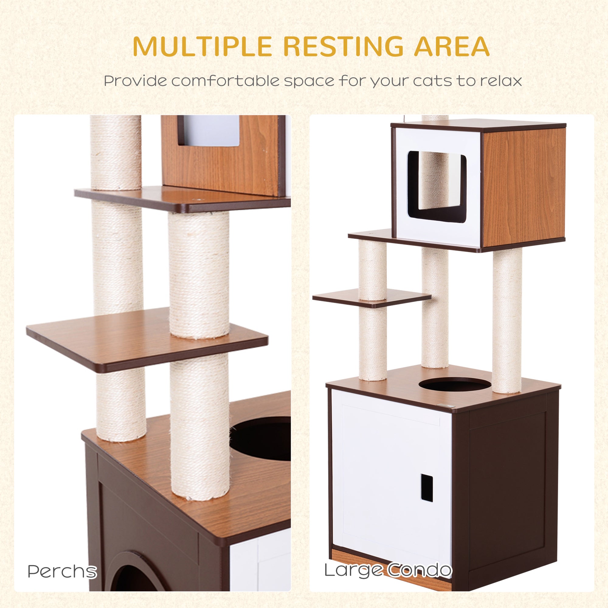 PawHut 57" Cat Tree Tower, Large Cat Condo Furniture, Multi-Level Cat Tower with Scratching Posts, Perches, Removable Mats, Bottom House with Door