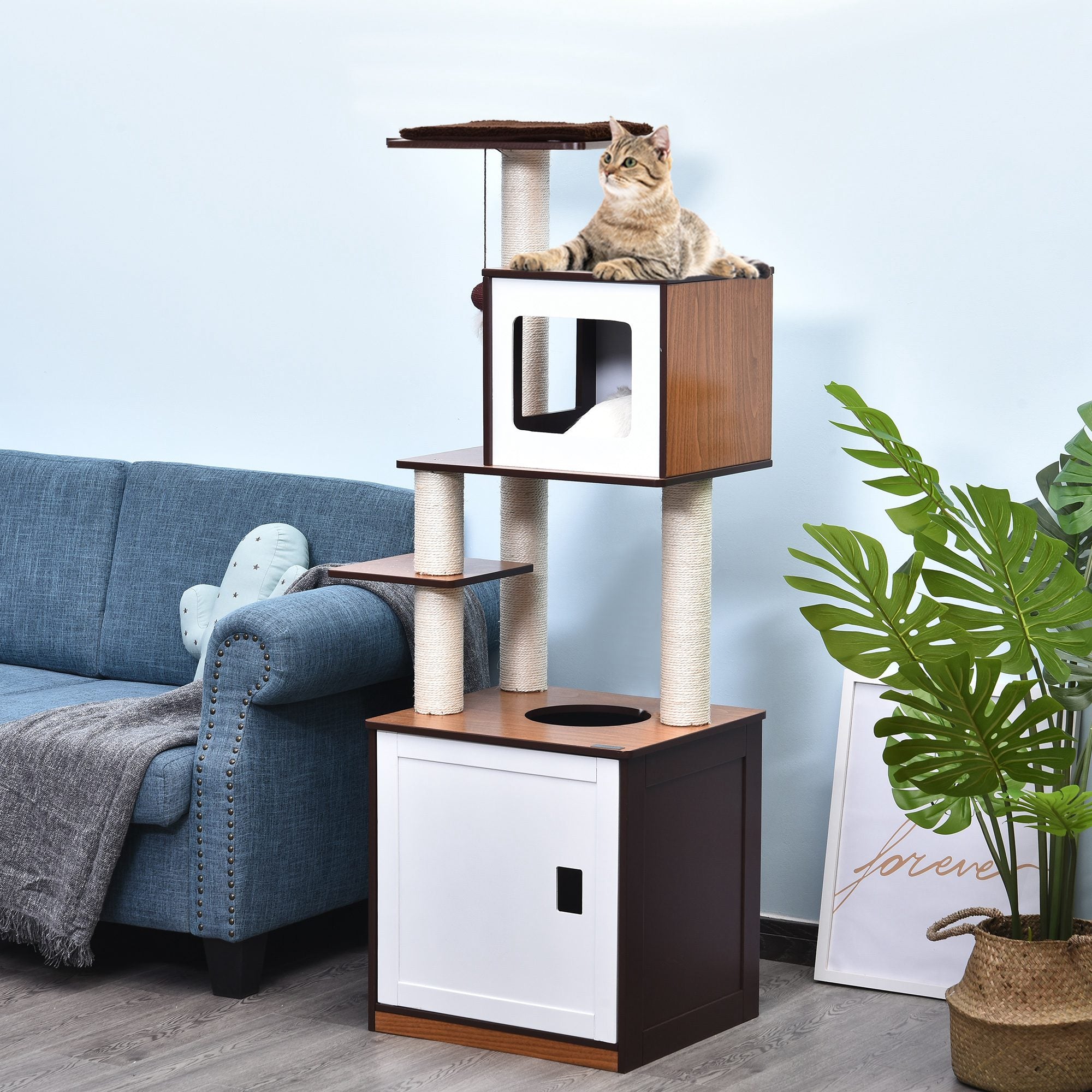 PawHut 57" Cat Tree Tower, Large Cat Condo Furniture, Multi-Level Cat Tower with Scratching Posts, Perches, Removable Mats, Bottom House with Door