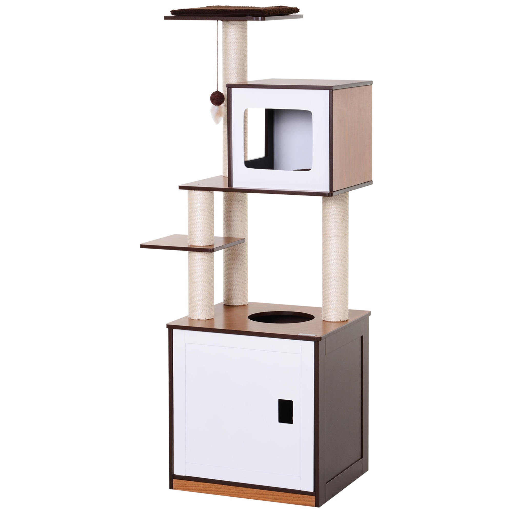 PawHut 57" Cat Tree Tower, Large Cat Condo Furniture, Multi-Level Cat Tower with Scratching Posts, Perches, Removable Mats, Bottom House with Door