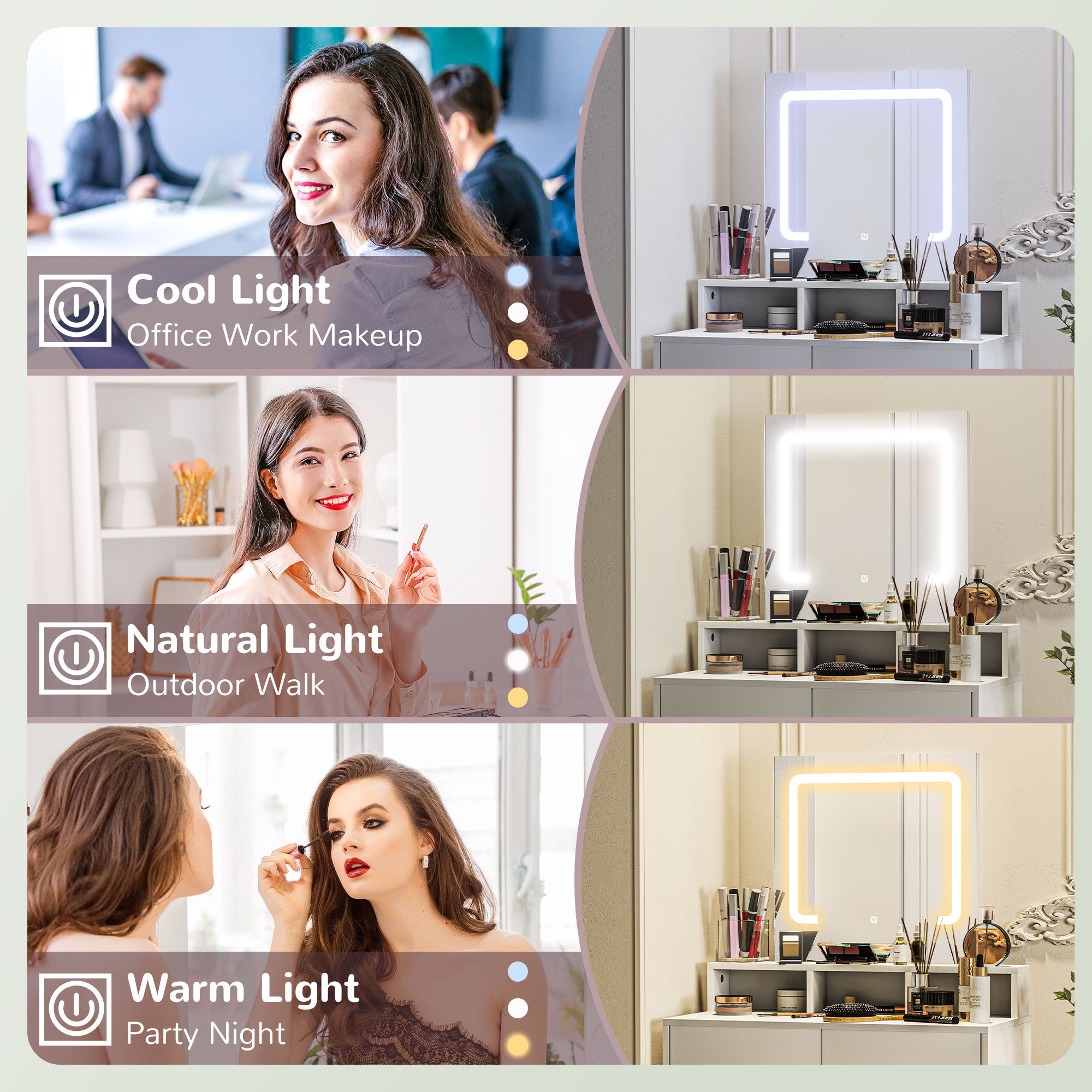 HOMCOM Makeup Vanity Desk with Mirror and Lights, for Bedroom, Modern LED Lighted Dressing Table with 2 Storage Drawers, 3 Compartments, 3 Lighting Modes, for Women Girls, White